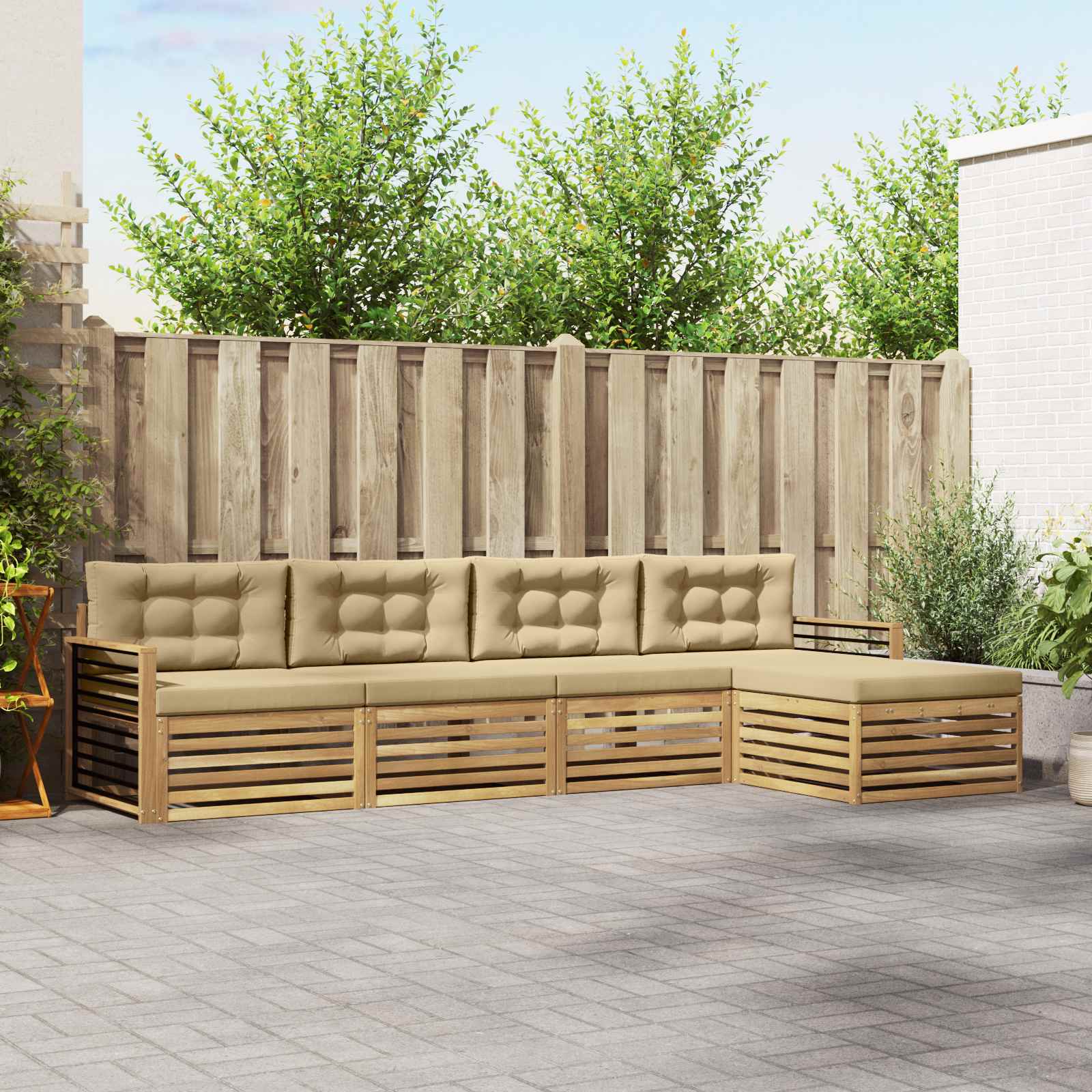 Buiten bankenset met kussen 5 pcs Wit en Beige Polyester