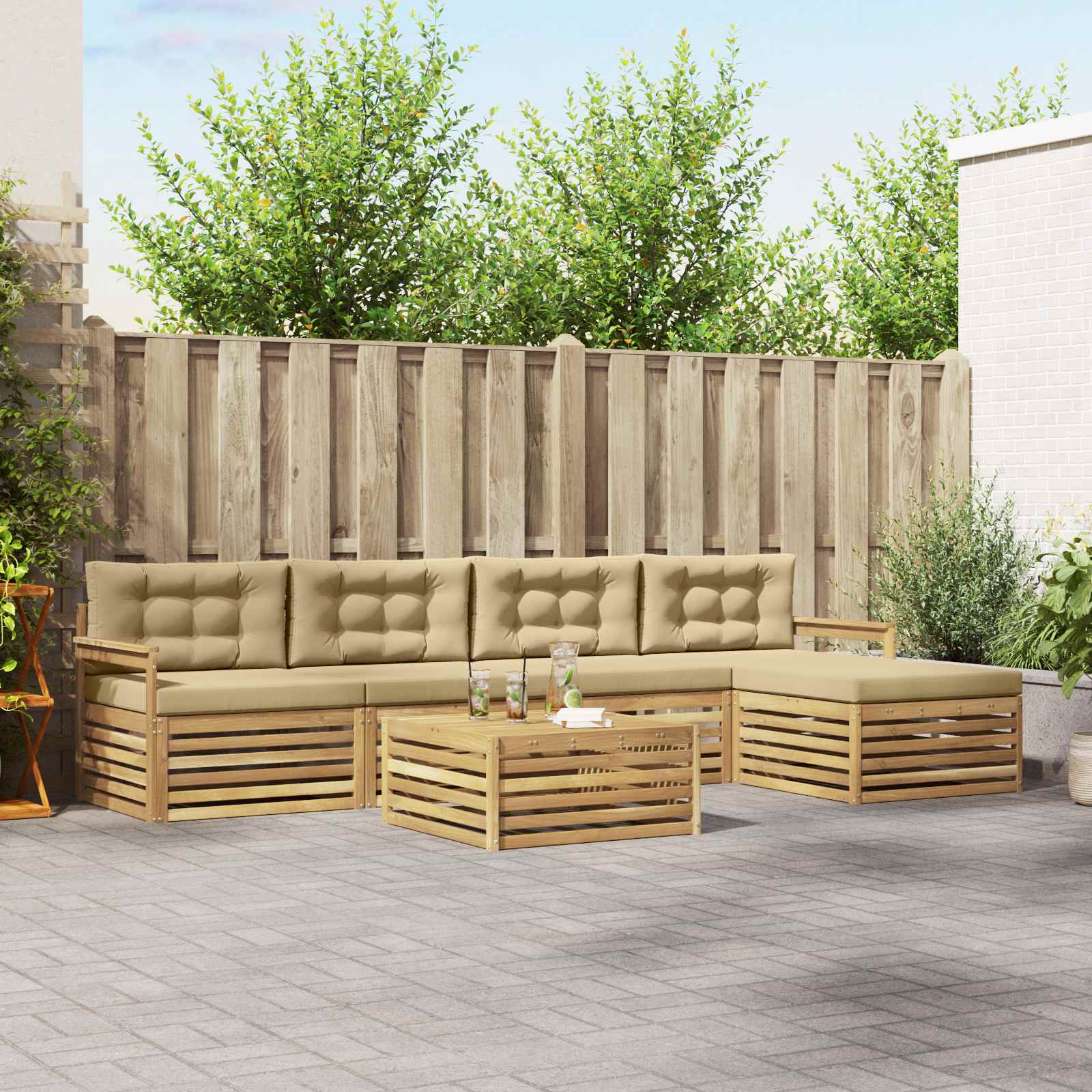 Buiten bankenset met kussen 7 pcs Wit en Beige Polyester – afbeelding 1