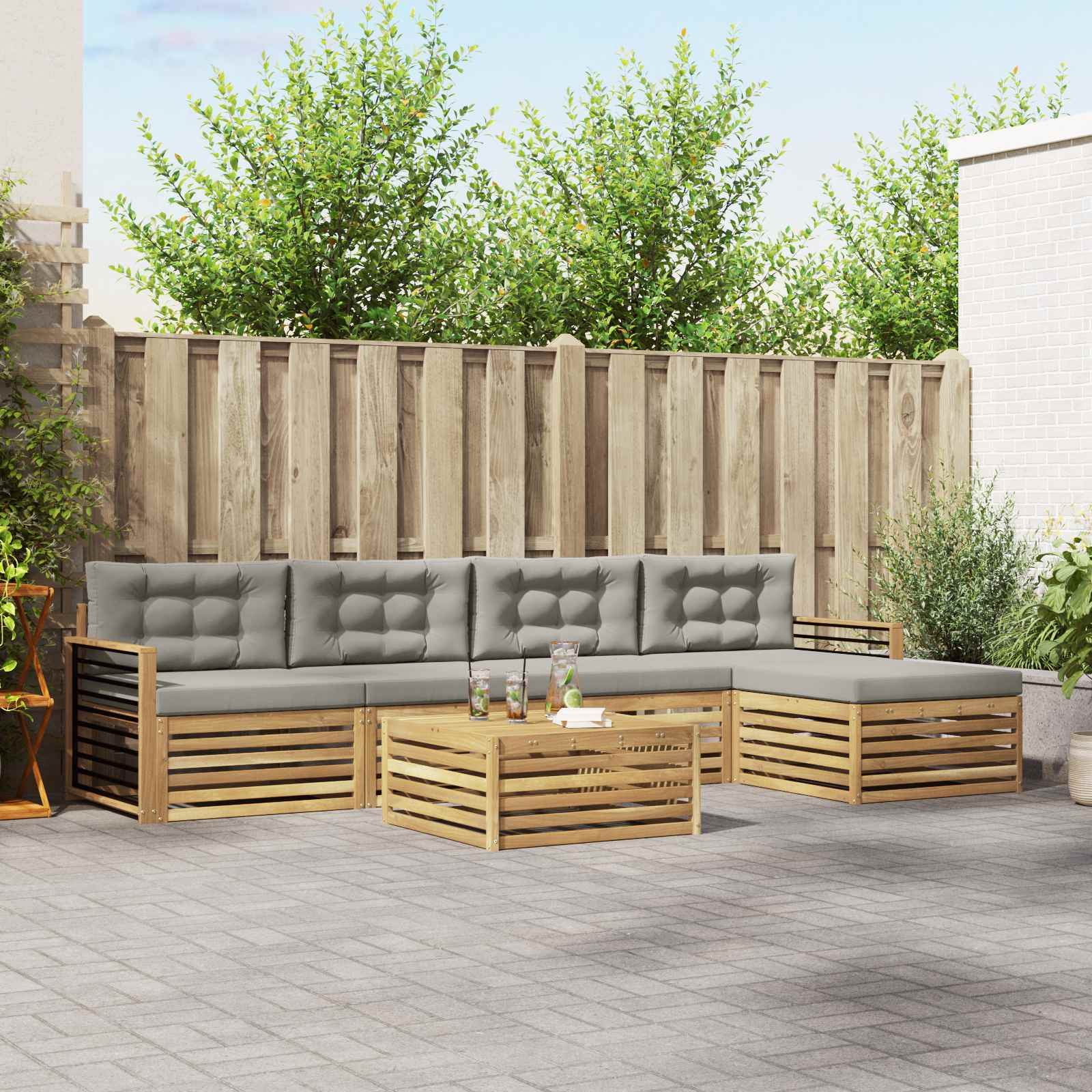 Buiten bankenset met kussen 7 pcs Wit en Lichtgrijs Polyester – afbeelding 1