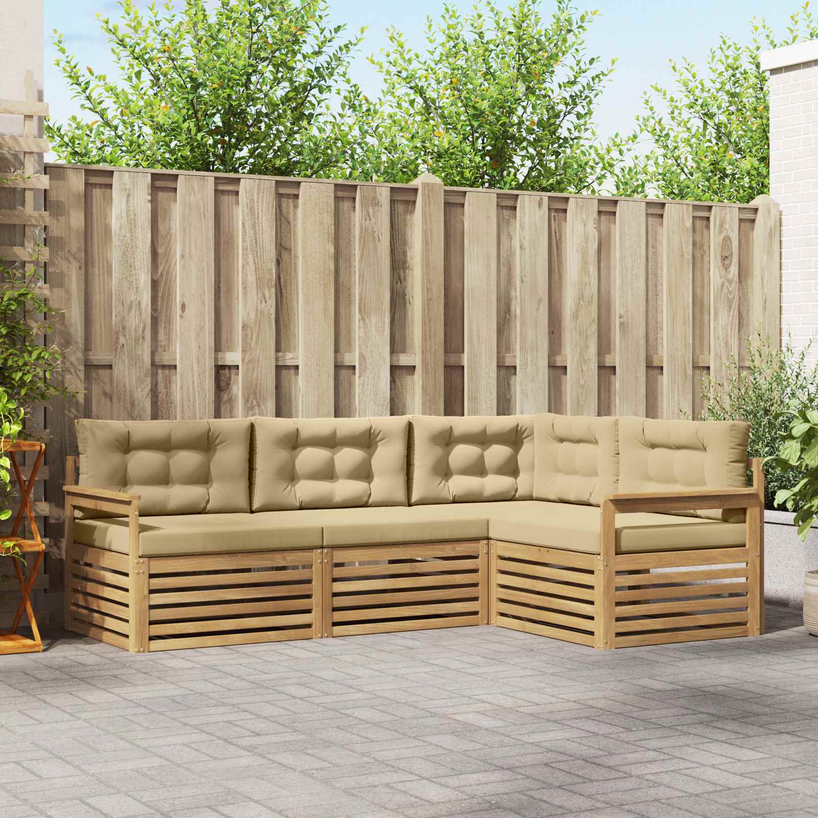 Buiten bankenset met kussen 5 pcs Wit en Beige Polyester – afbeelding 1