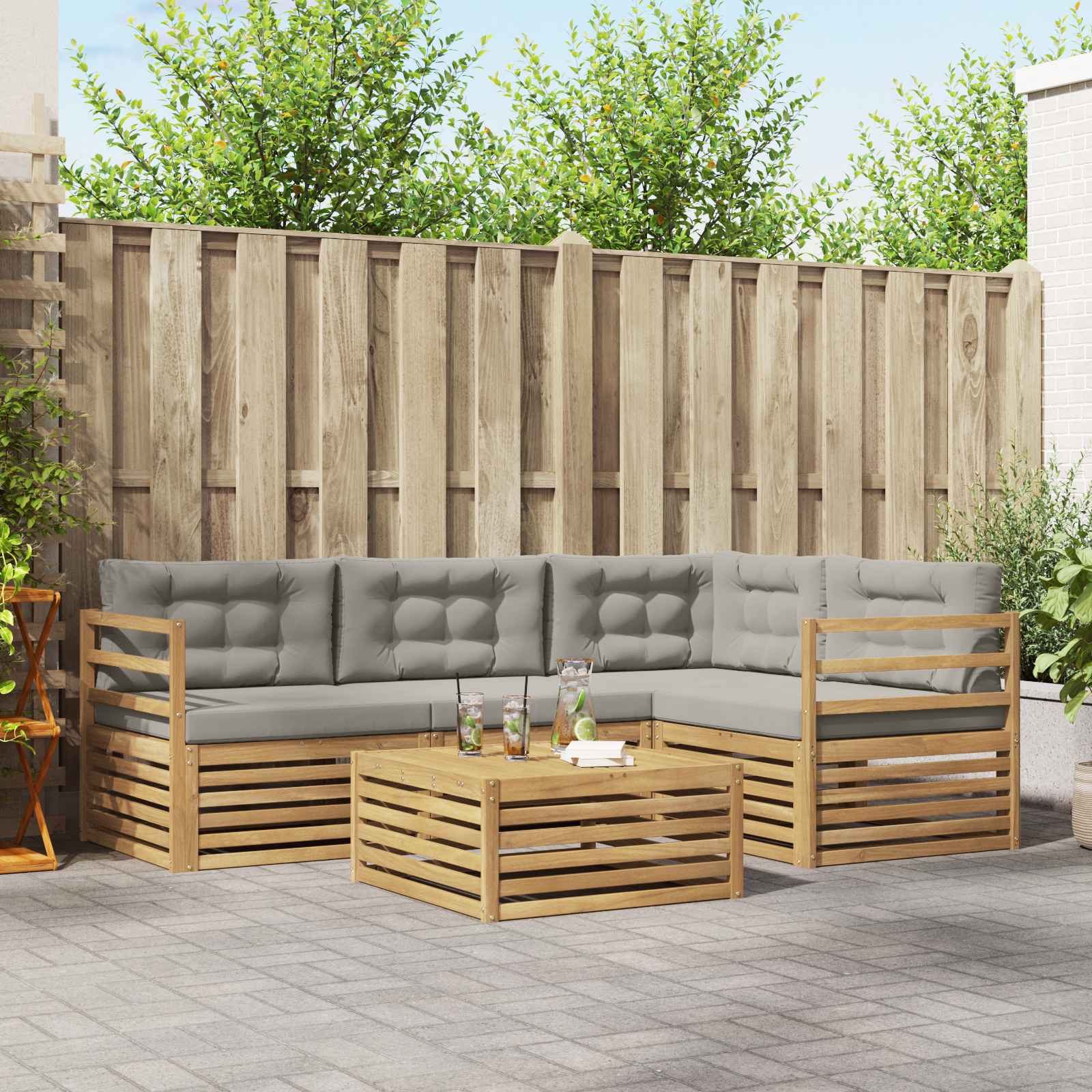 Buiten bankenset met kussen 5 pcs Wit en Lichtgrijs Polyester