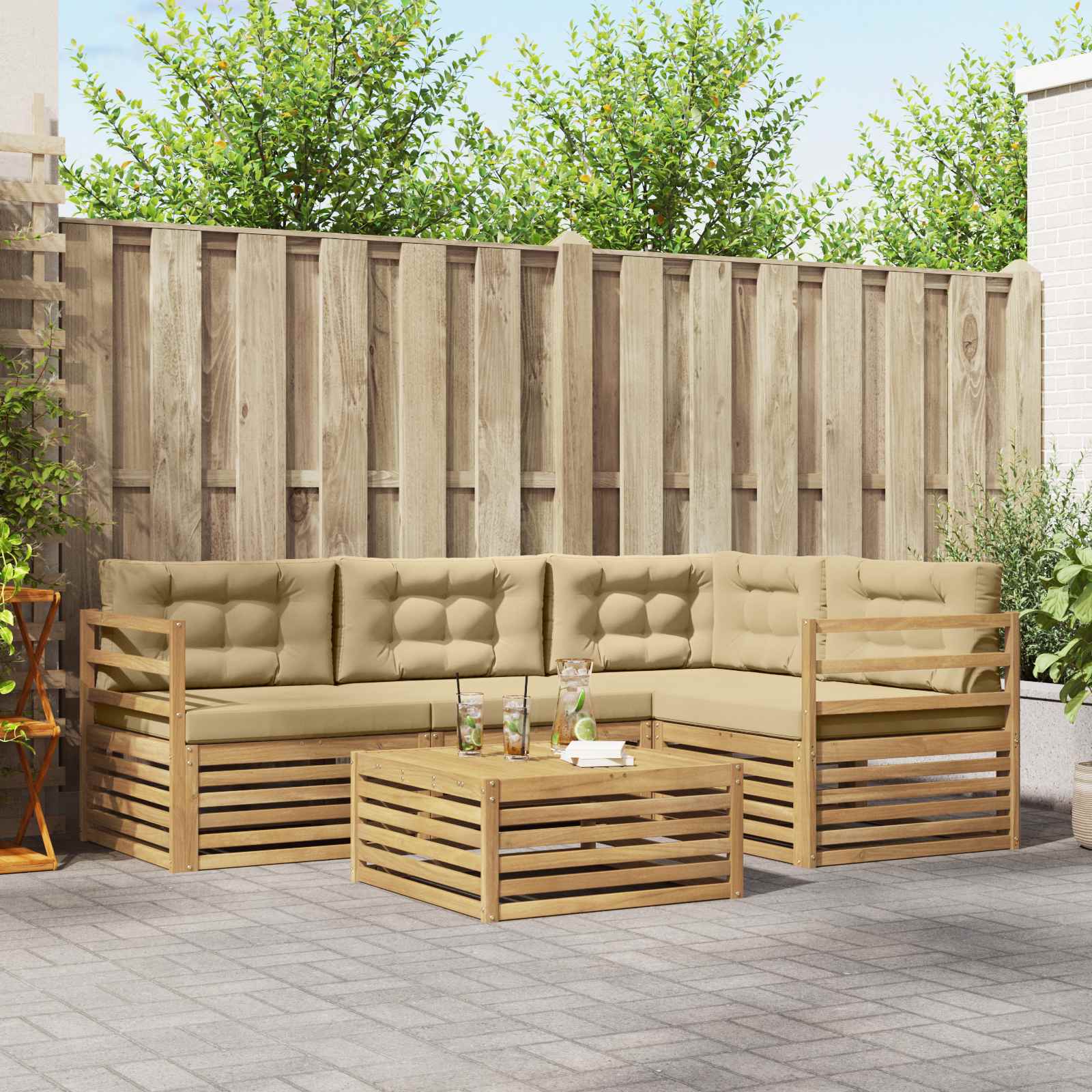 Buiten bankenset met kussen 5 pcs Wit en Beige Polyester – afbeelding 1