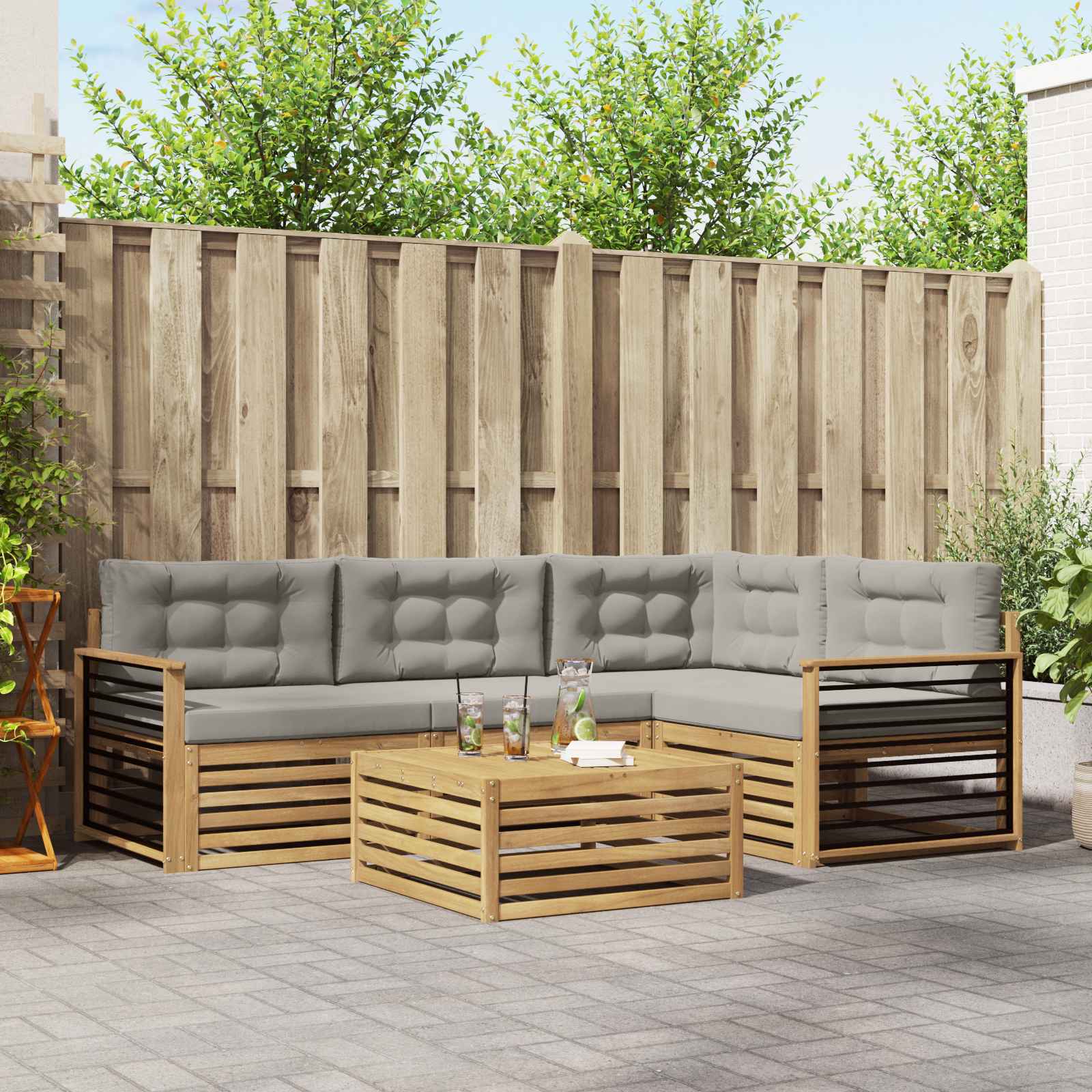 Buiten bankenset met kussen 6 pcs Wit en Lichtgrijs Polyester