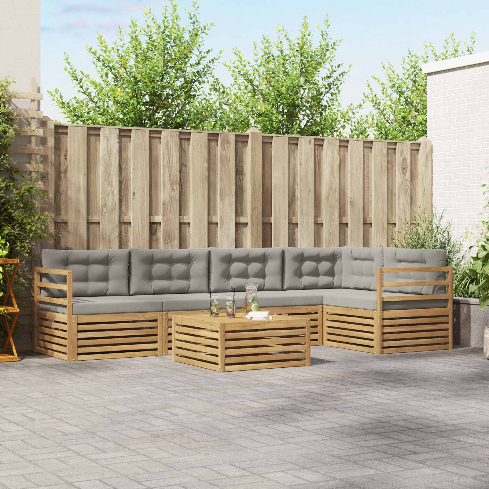 Buiten bankenset met kussen 6 pcs Wit en Lichtgrijs Polyester