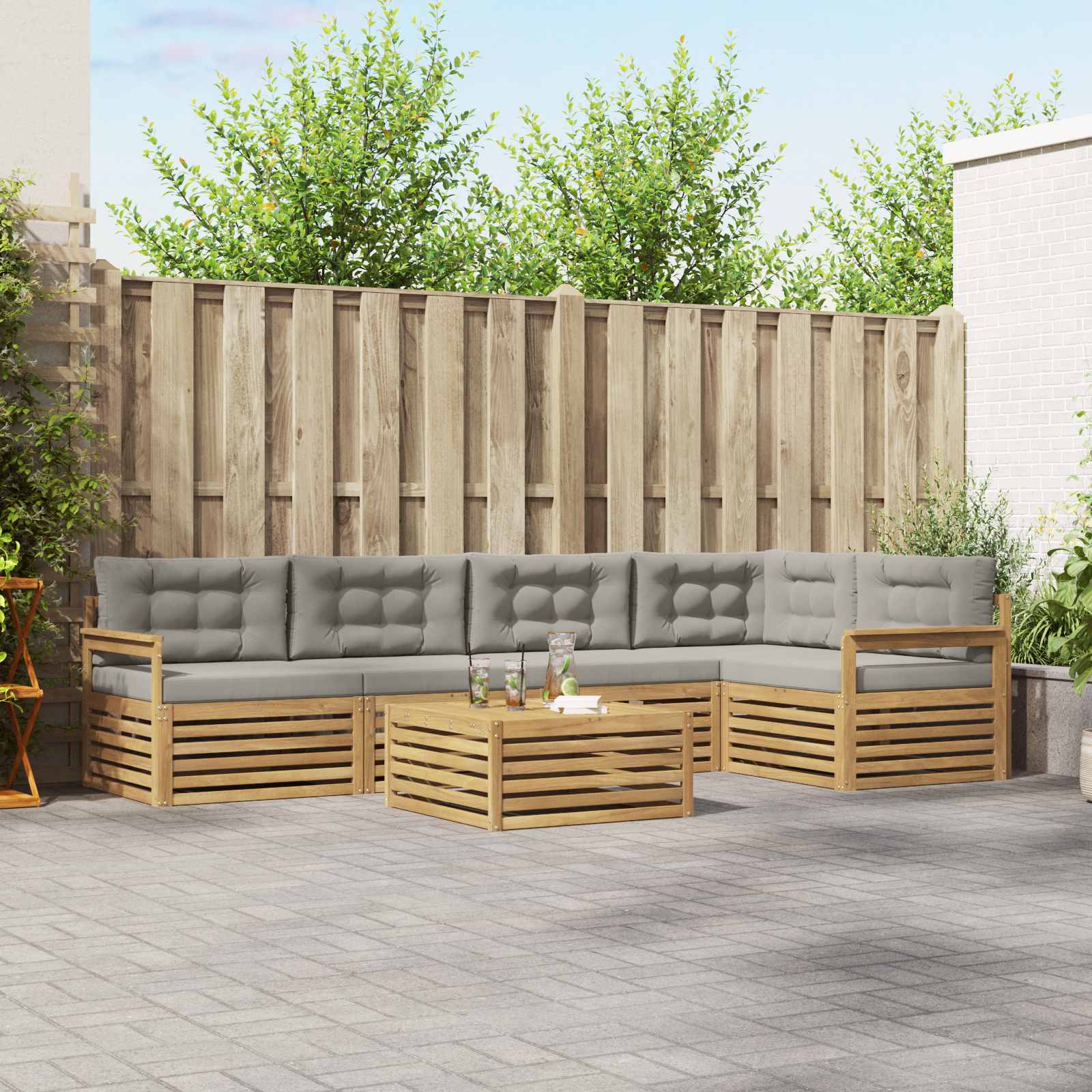Buiten bankenset met kussen 6 pcs Wit en Lichtgrijs Polyester – afbeelding 1