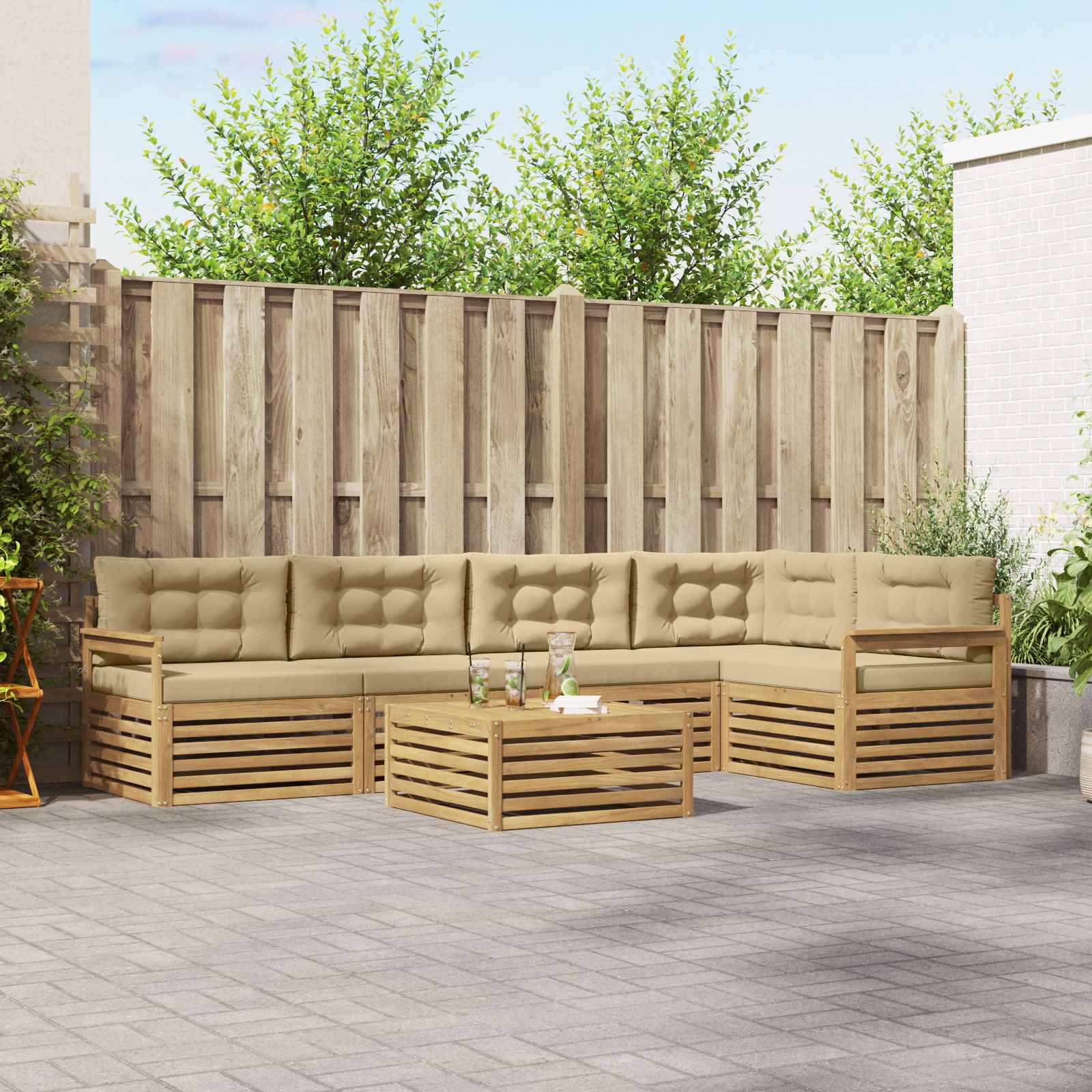 Buiten bankenset met kussen 6 pcs Wit en Beige Polyester – afbeelding 1
