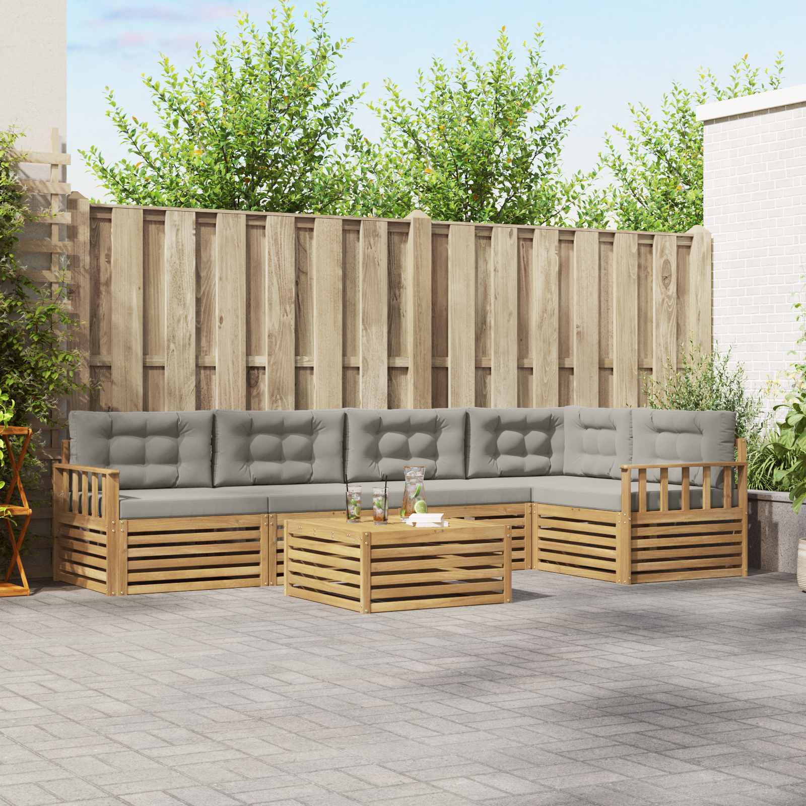 Buiten bankenset met kussen 6 pcs Wit en Lichtgrijs Polyester