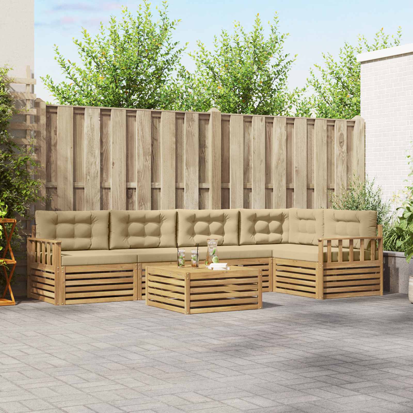 Buiten bankenset met kussen 6 pcs Wit en Beige Polyester