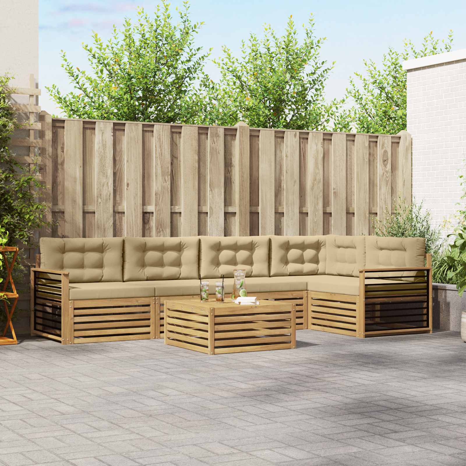 Buiten bankenset met kussen 6 pcs Wit en Beige Polyester – afbeelding 1