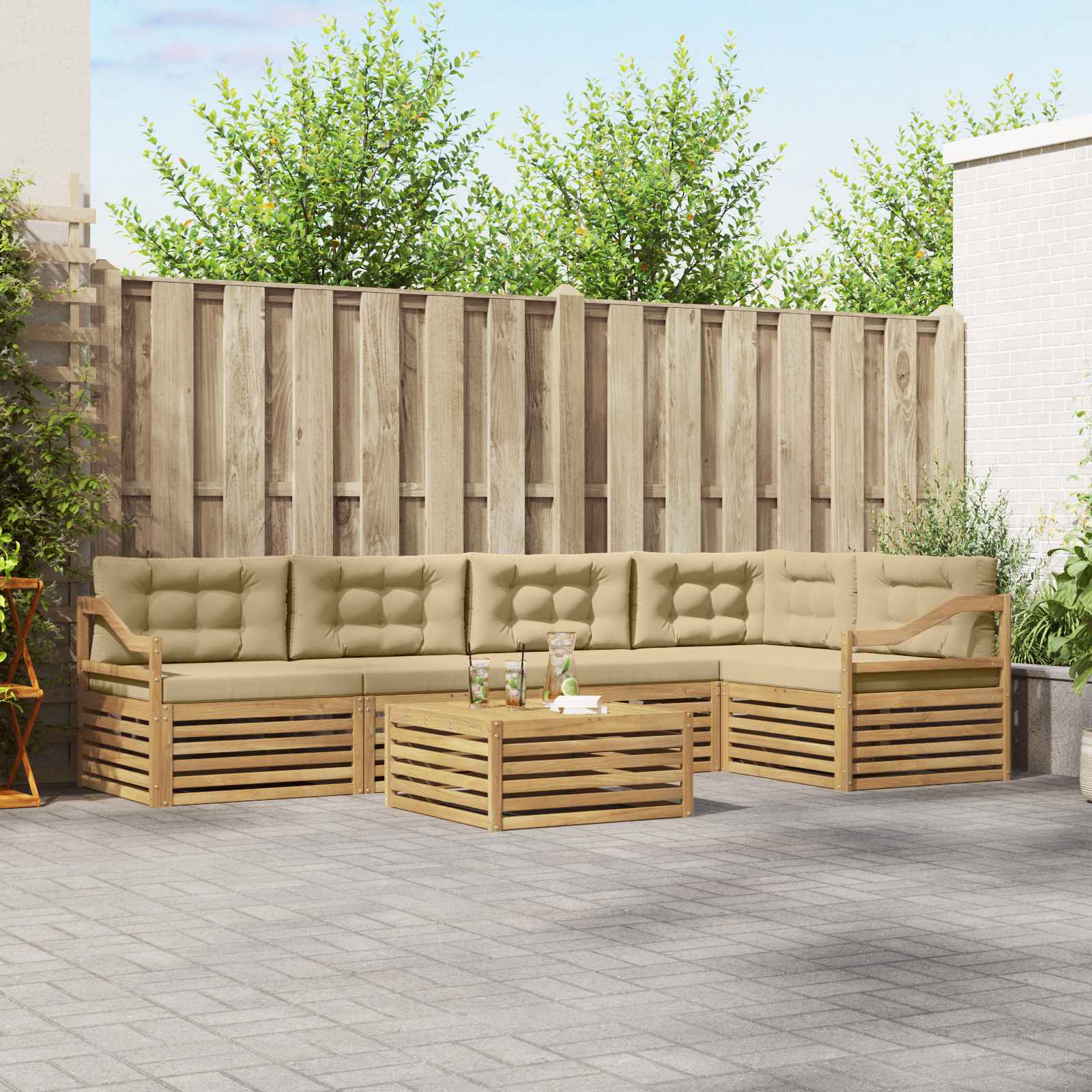 Buiten bankenset met kussen 6 pcs Wit en Beige Polyester – afbeelding 1