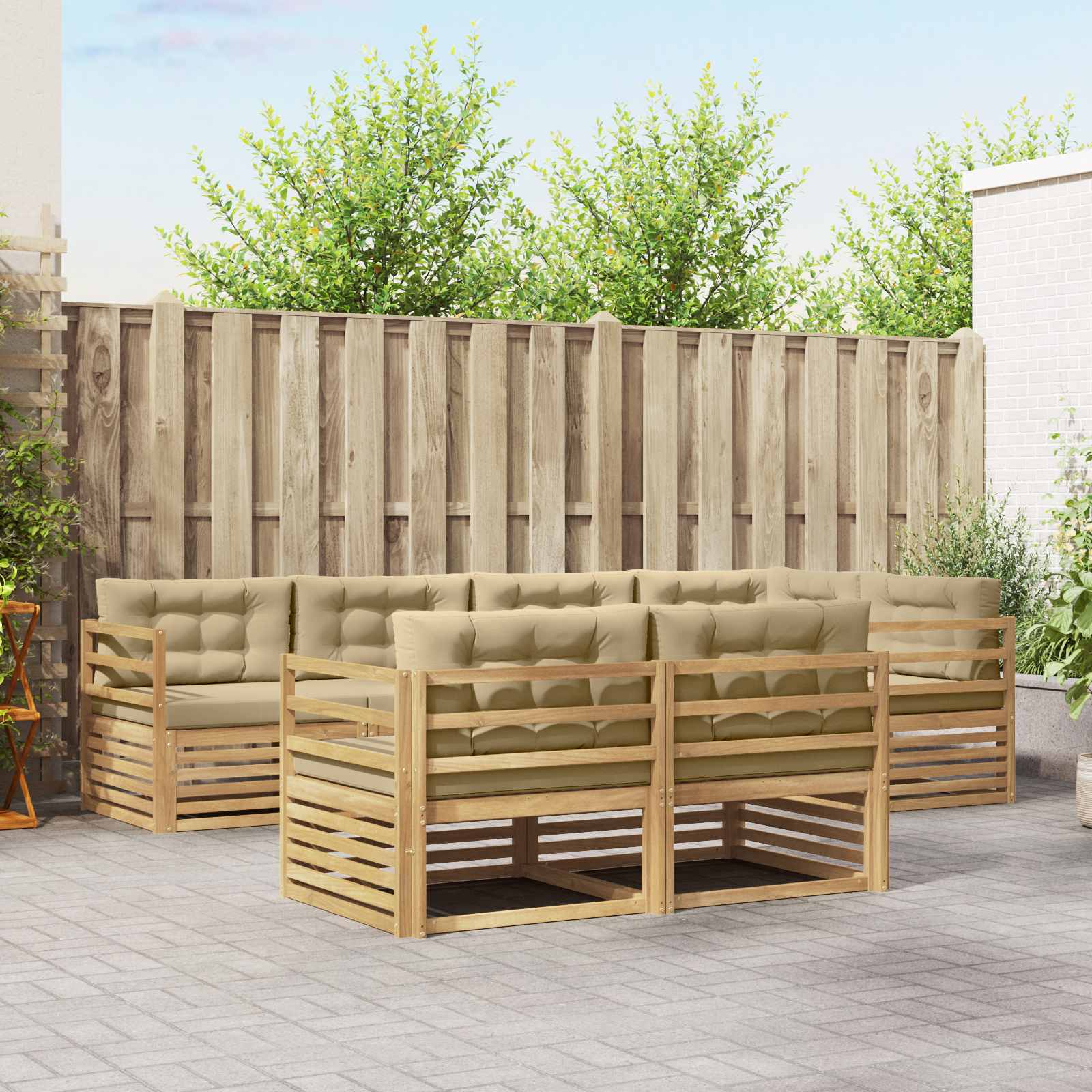 Buiten bankenset met kussen 7 pcs Wit en Beige Polyester