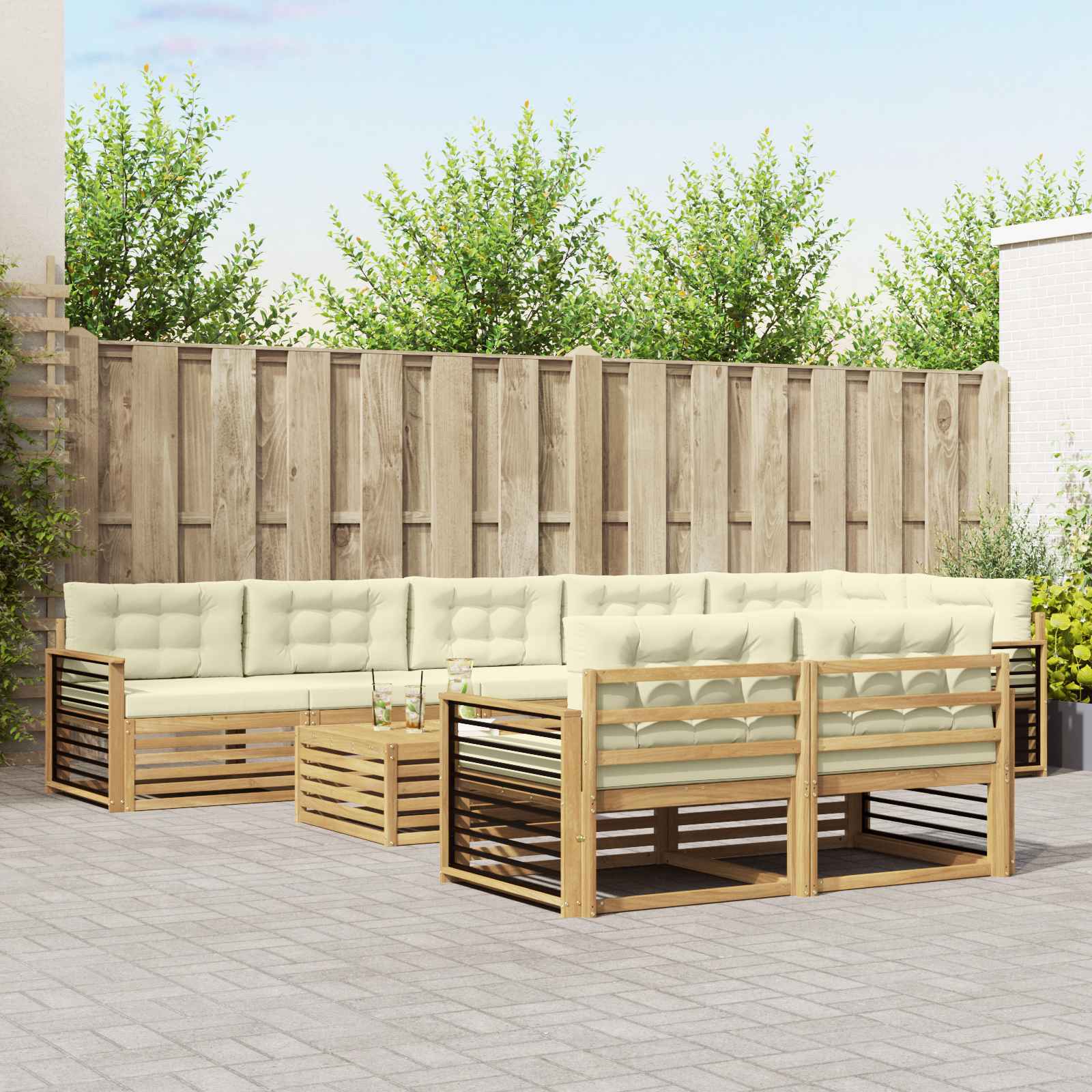 Buiten bankenset met kussen 9 pcs Wit en crèmekleurig Polyester – afbeelding 1