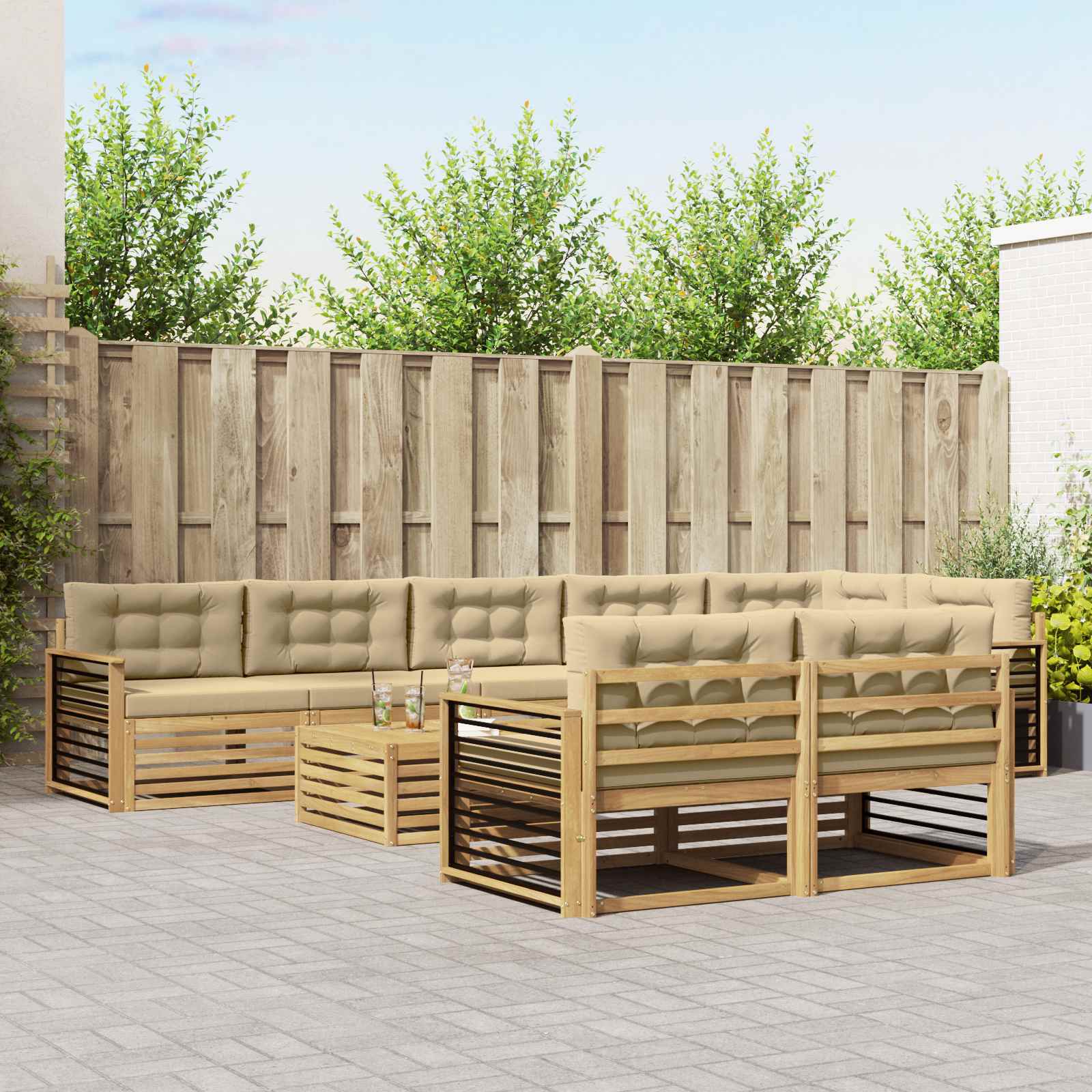 Buiten bankenset met kussen 9 pcs Wit en Beige Polyester