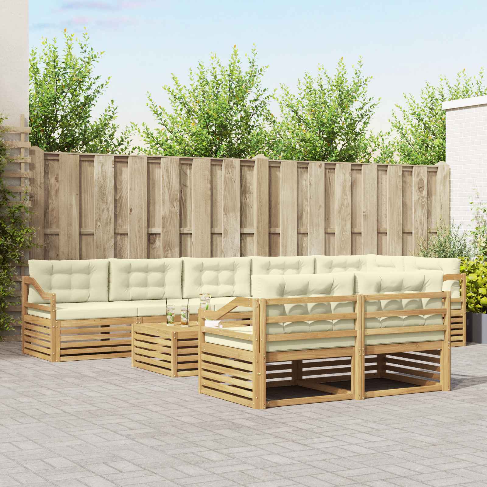 Buiten bankenset met kussen 9 pcs Wit en crèmekleurig – afbeelding 1