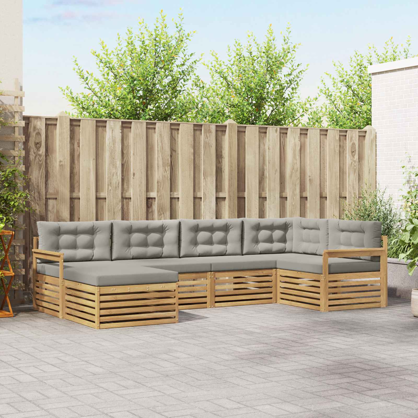Buiten bankenset met kussen 6 pcs Wit en Lichtgrijs Polyester