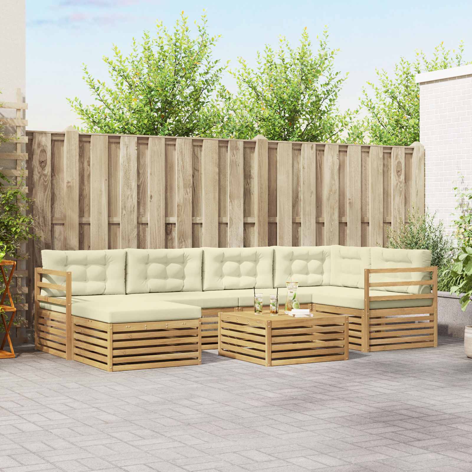 Buiten bankenset met kussen 7 pcs Wit en crèmekleurig – afbeelding 1