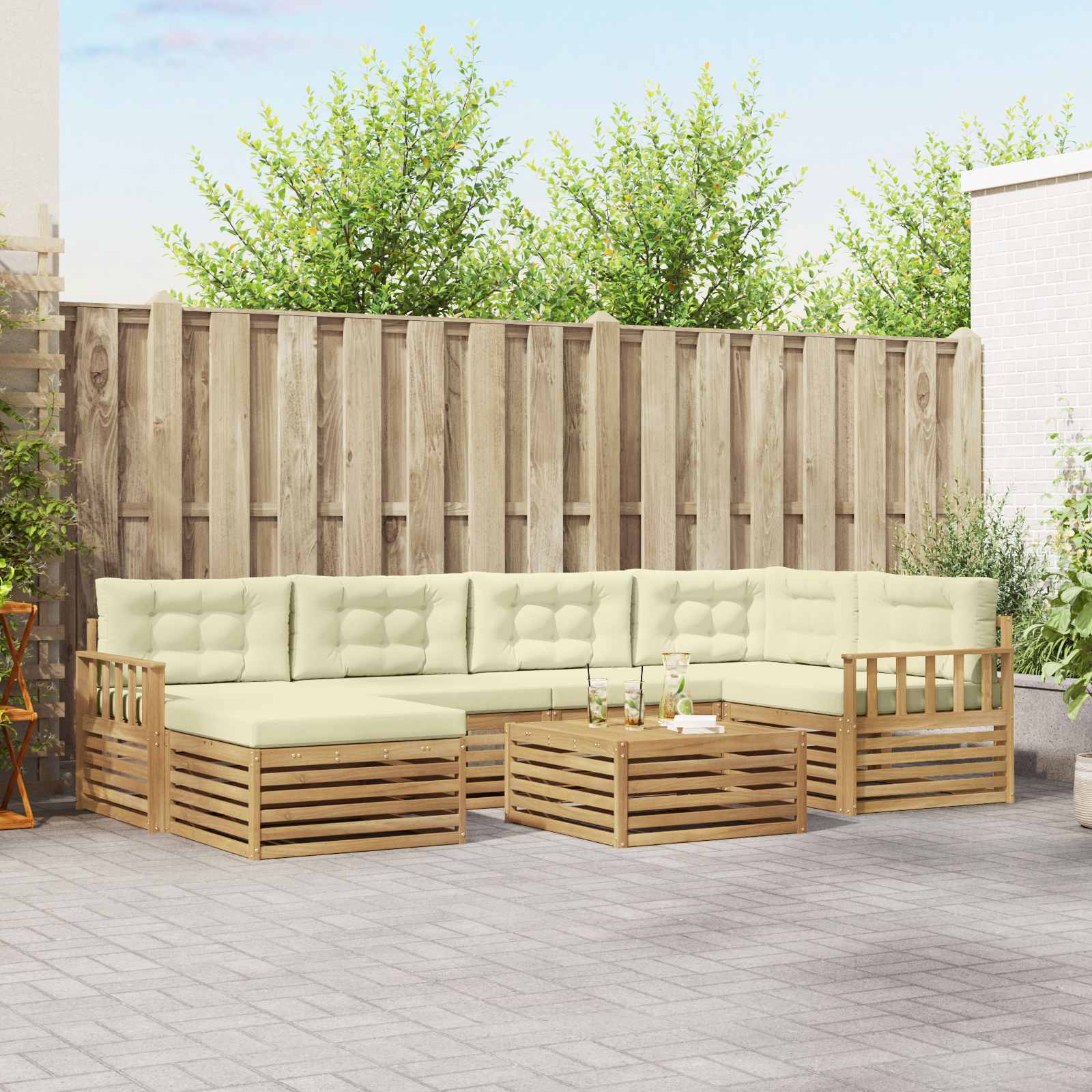 Buiten bankenset met kussen 7 pcs Wit en crèmekleurig – afbeelding 1