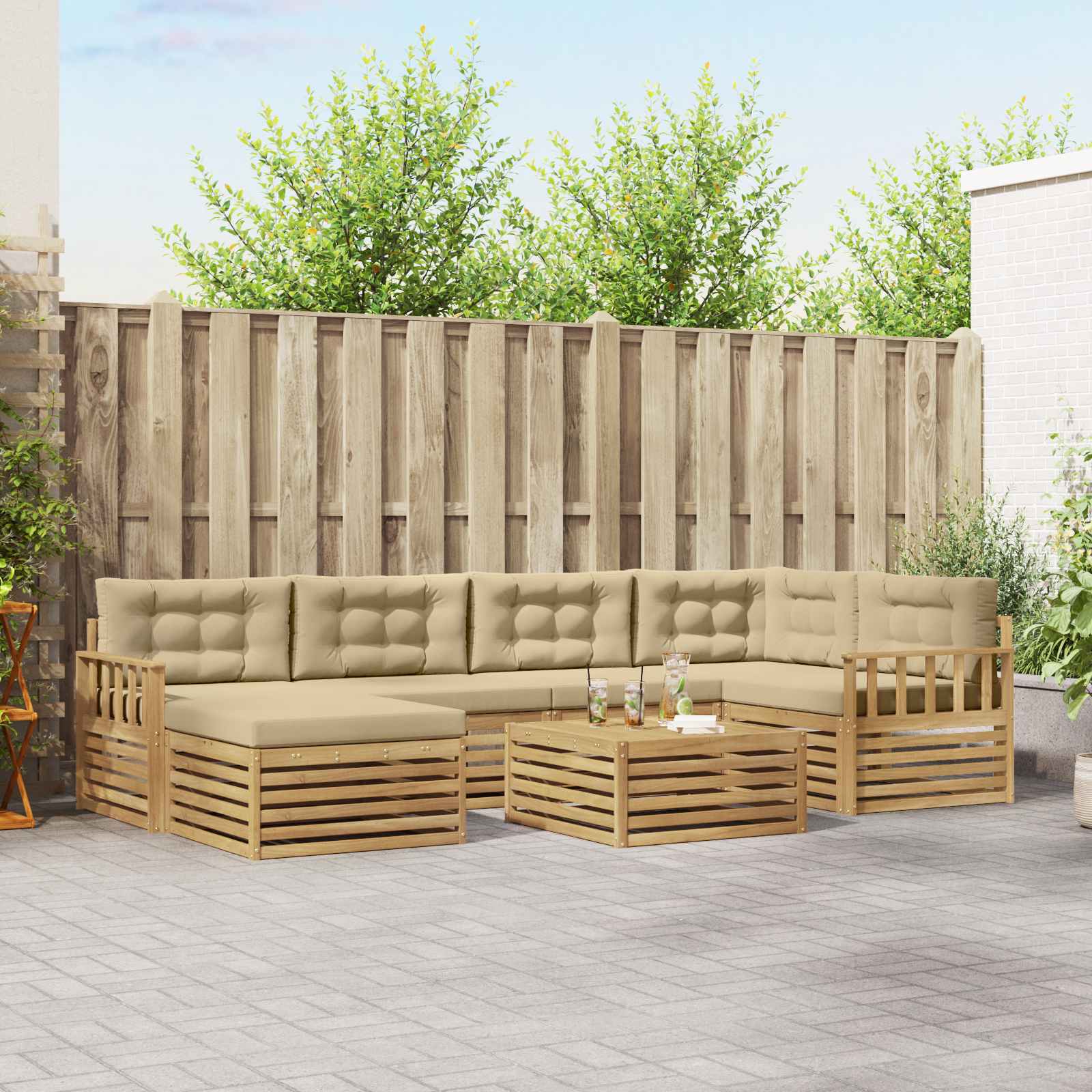 Buiten bankenset met kussen 7 pcs Wit en Beige – afbeelding 1