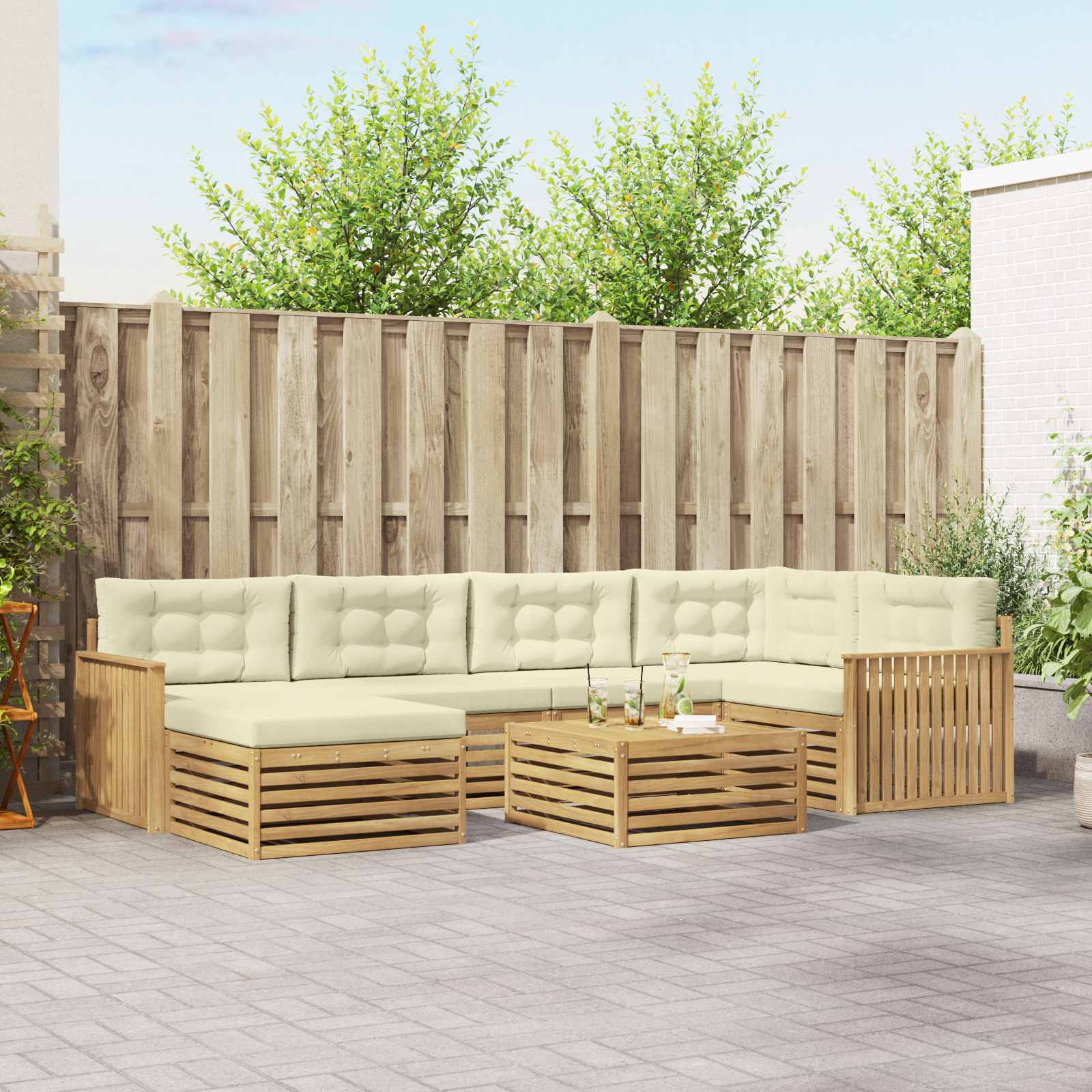 Buiten bankenset met kussen 7 pcs Wit en crèmekleurig – afbeelding 1