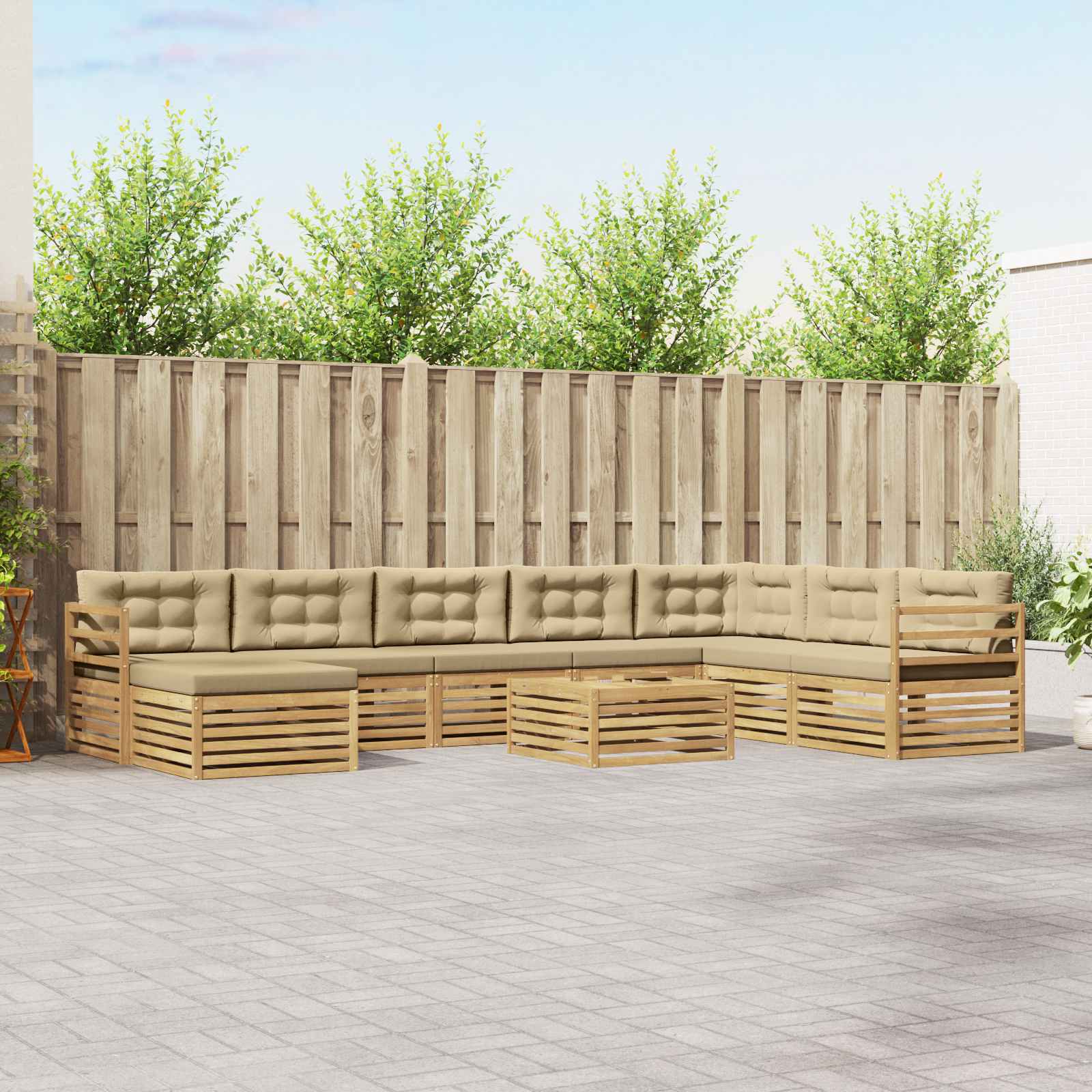 Buiten bankenset met kussen 9 pcs Wit en Beige Polyester – afbeelding 1