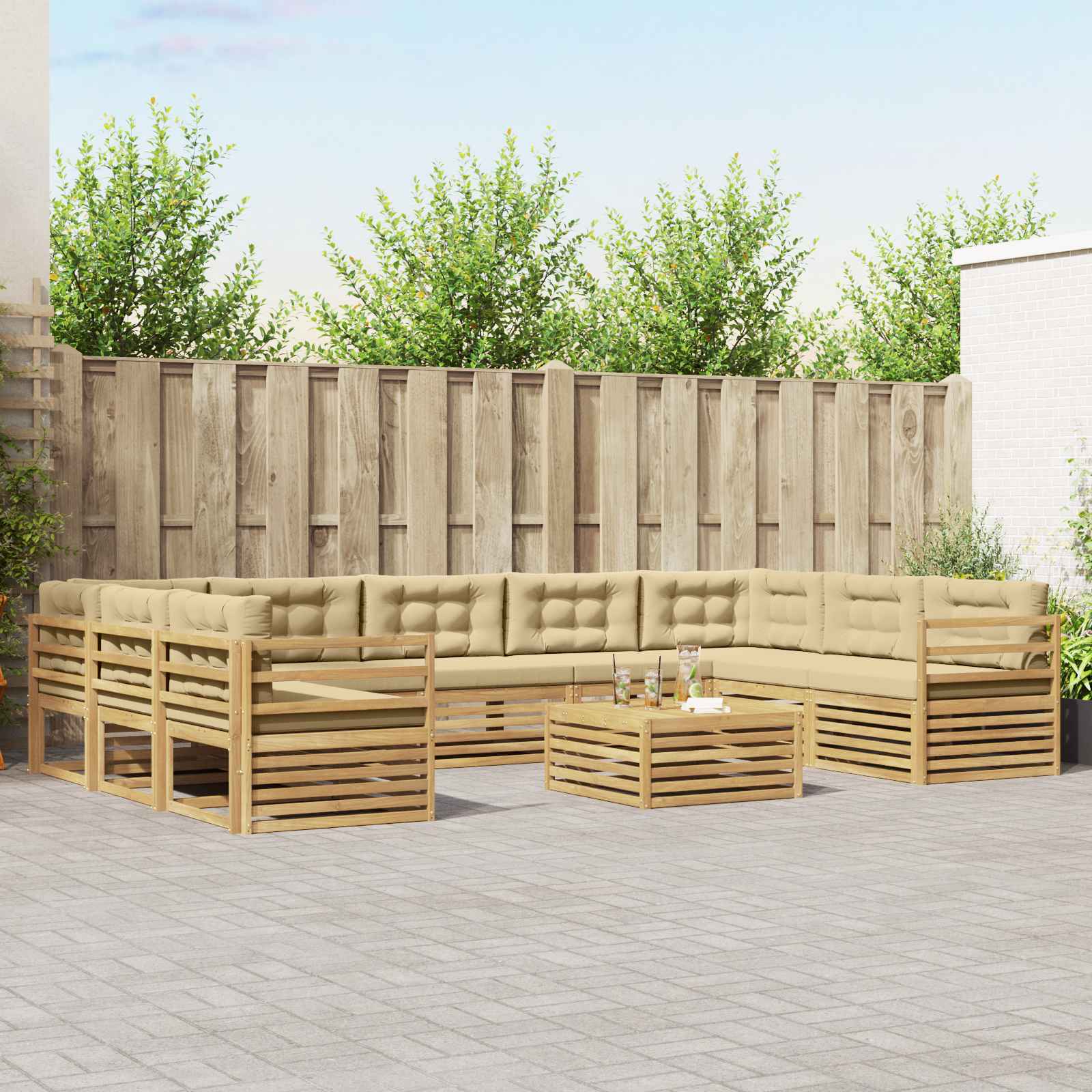 Buiten bankenset met kussen 10 pcs Wit en Beige Polyester