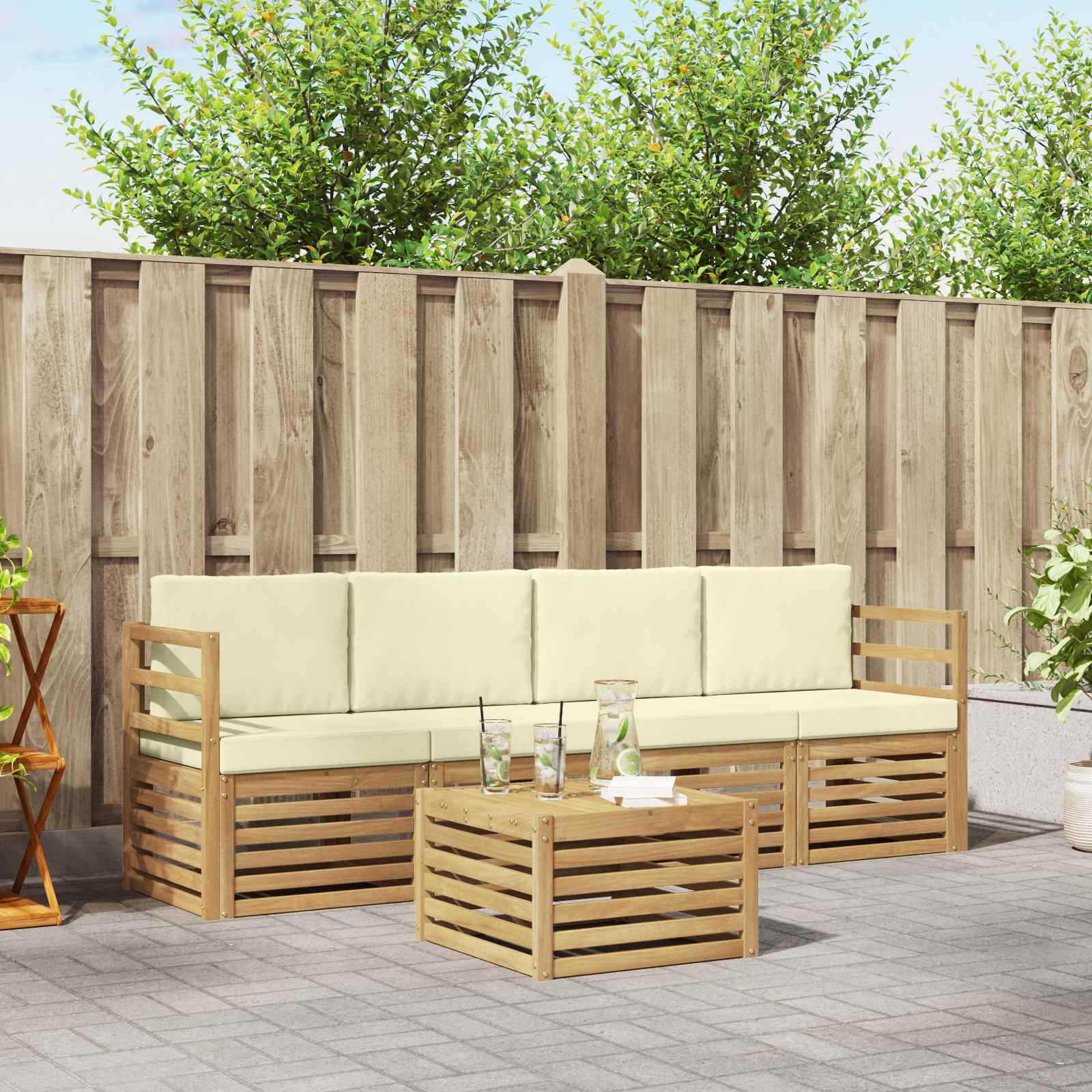 Buiten bankenset met kussen 5 pcs Wit en crèmekleurig Polyester – afbeelding 1
