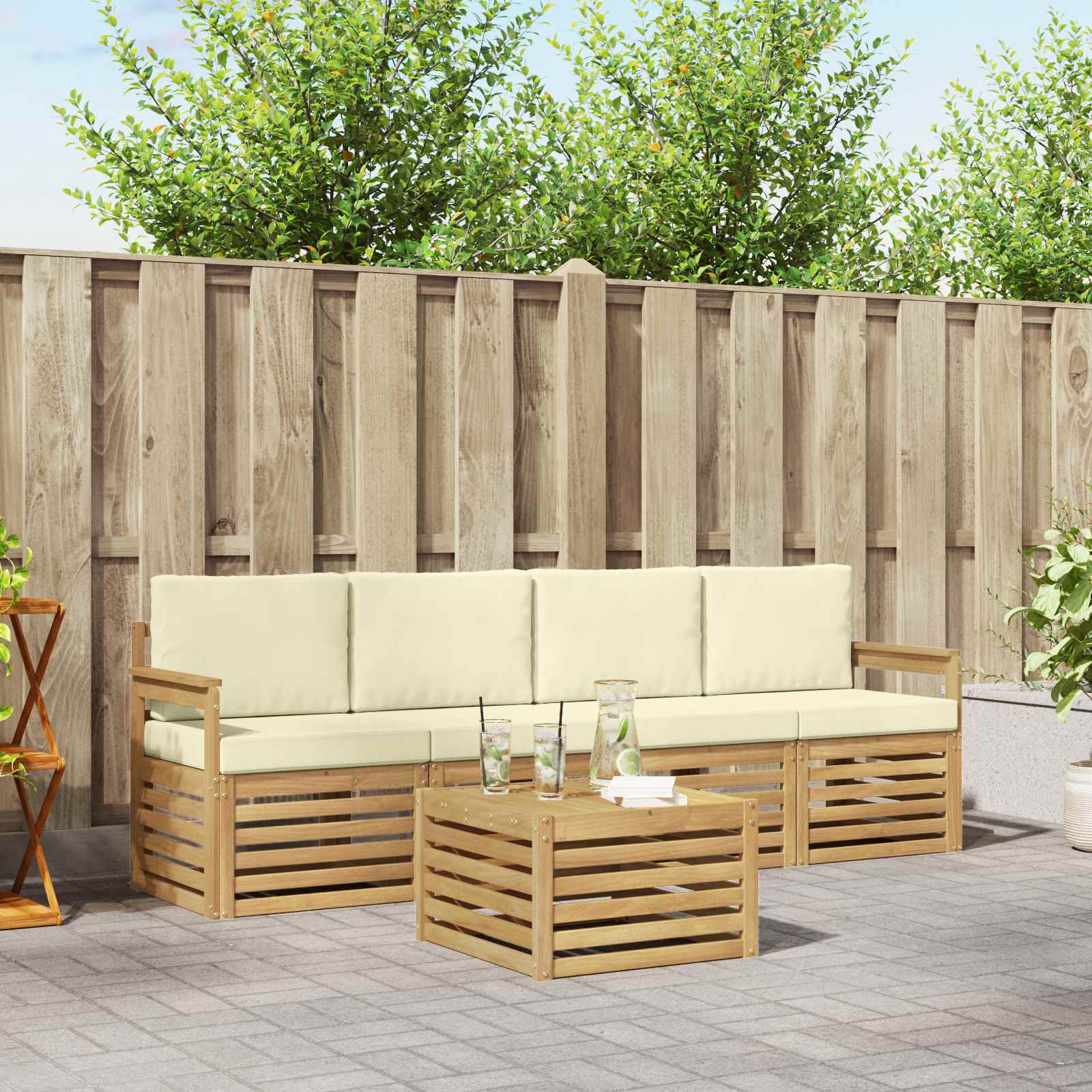 Buiten bankenset met kussen 5 pcs Wit en crèmekleurig Polyester – afbeelding 1