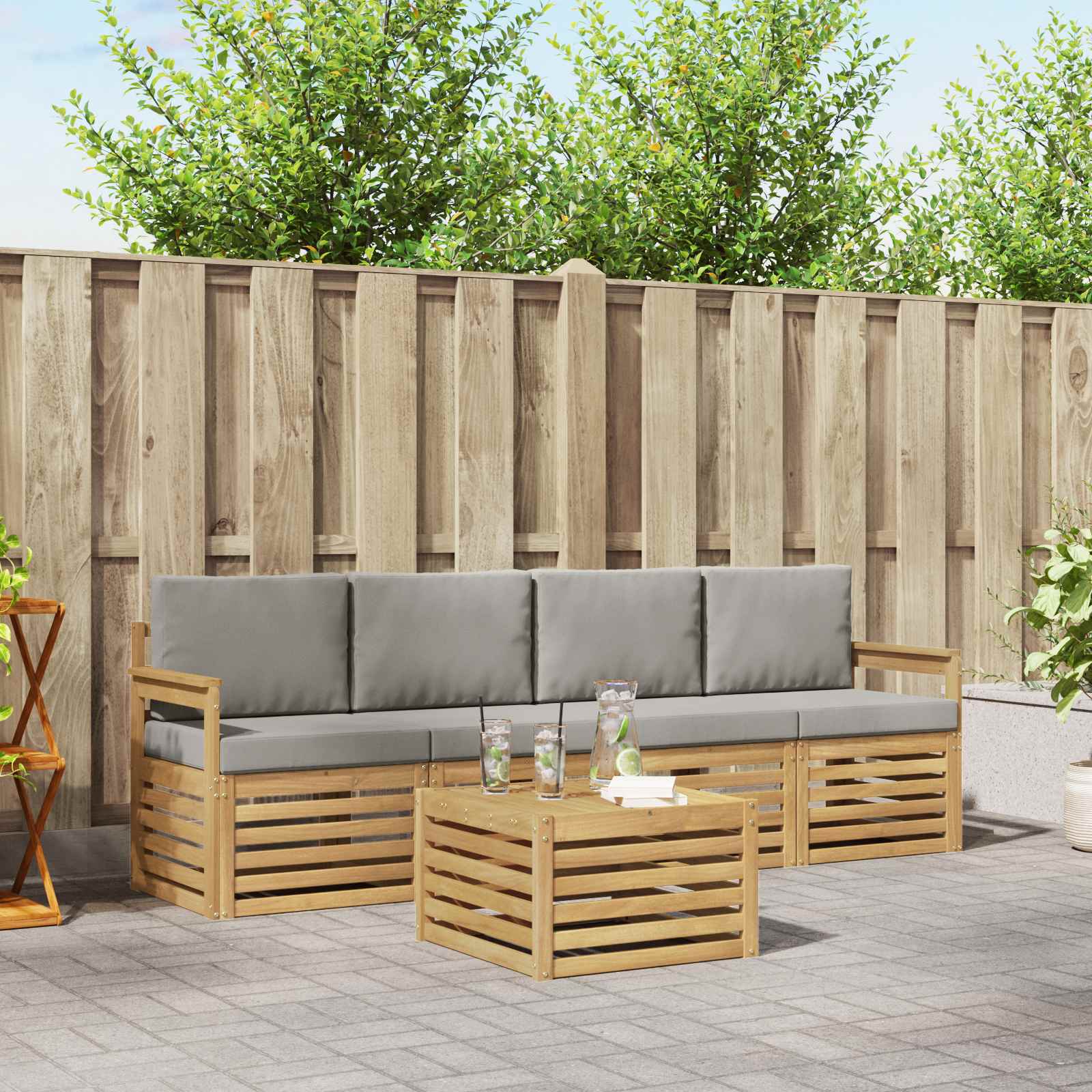 Buiten bankenset met kussen 5 pcs Wit en Lichtgrijs Polyester – afbeelding 1