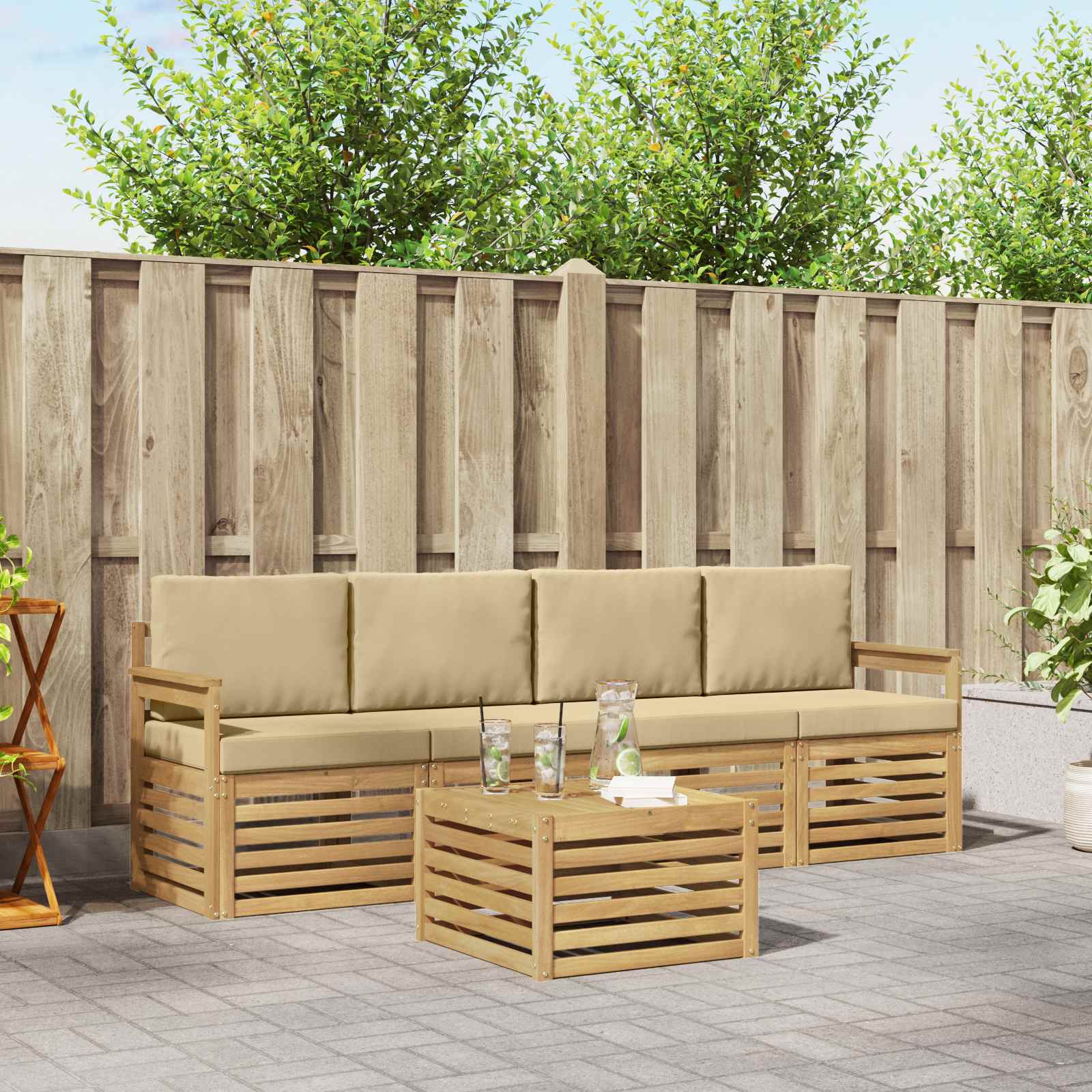 Buiten bankenset met kussen 5 pcs Wit en Beige Polyester – afbeelding 1
