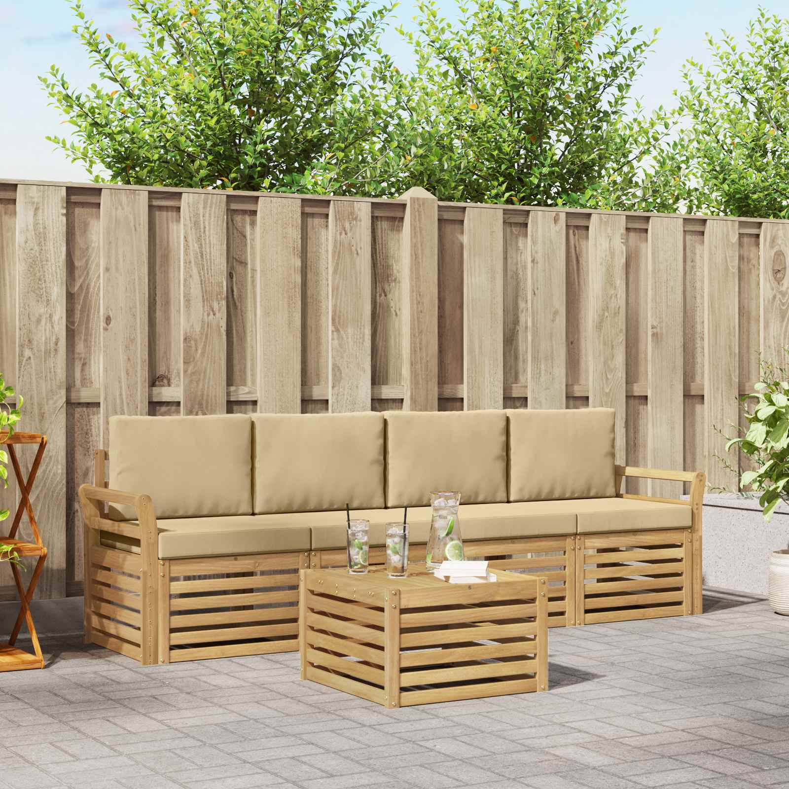 Buiten bankenset met kussen 5 pcs Wit en Beige Polyester – afbeelding 1