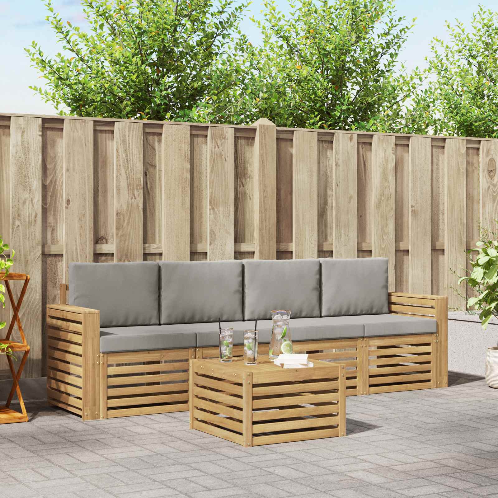 Buiten bankenset met kussen 5 pcs Wit en Lichtgrijs Polyester – afbeelding 1