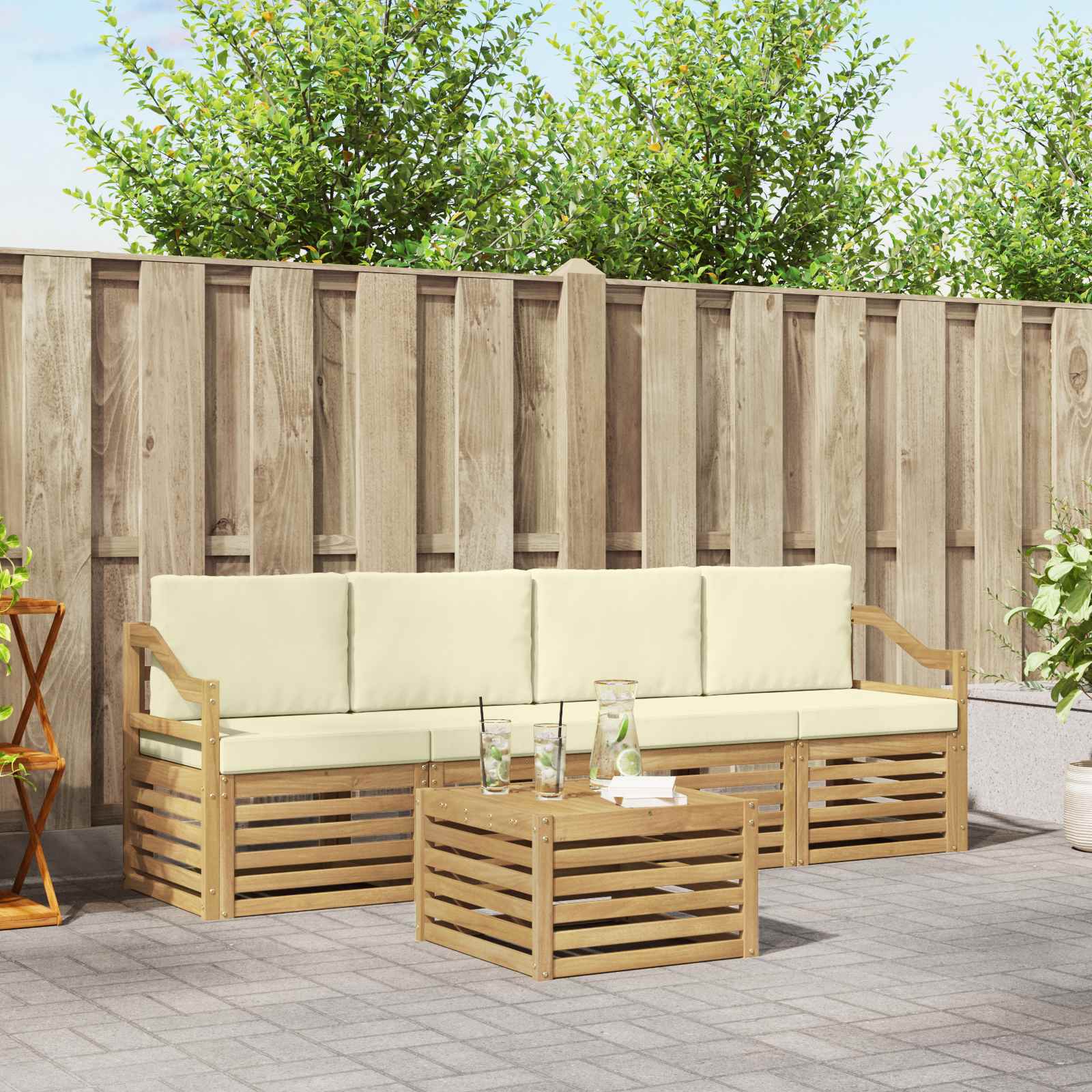 Buiten bankenset met kussen 5 pcs Wit en crèmekleurig Polyester – afbeelding 1