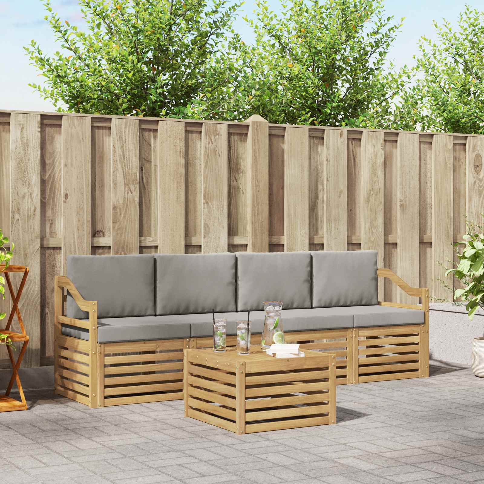 Buiten bankenset met kussen 5 pcs Wit en Lichtgrijs Polyester
