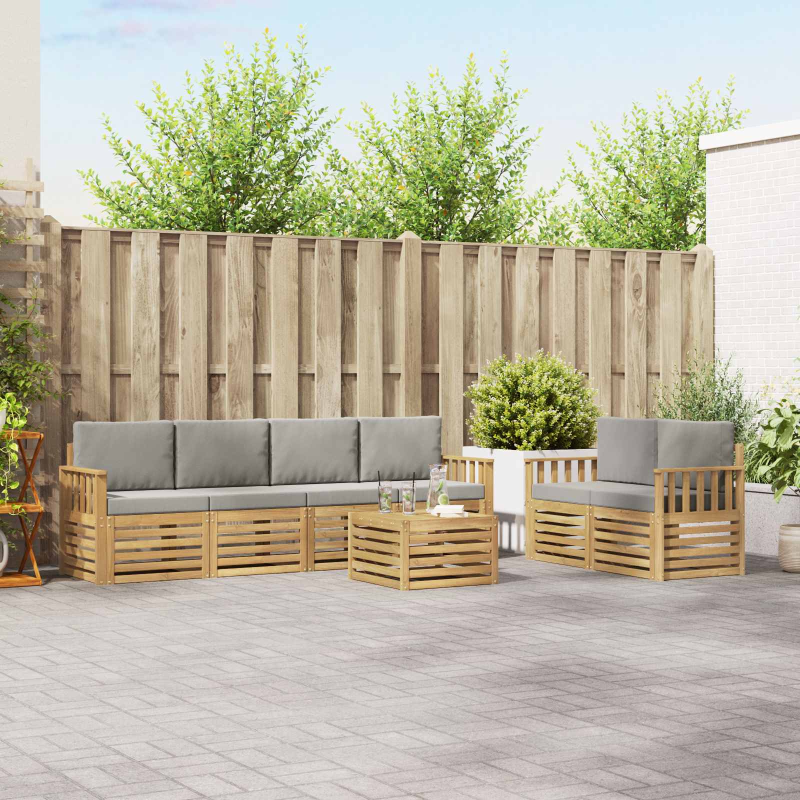 Buiten bankenset met kussen 7 pcs Wit en Lichtgrijs Polyester
