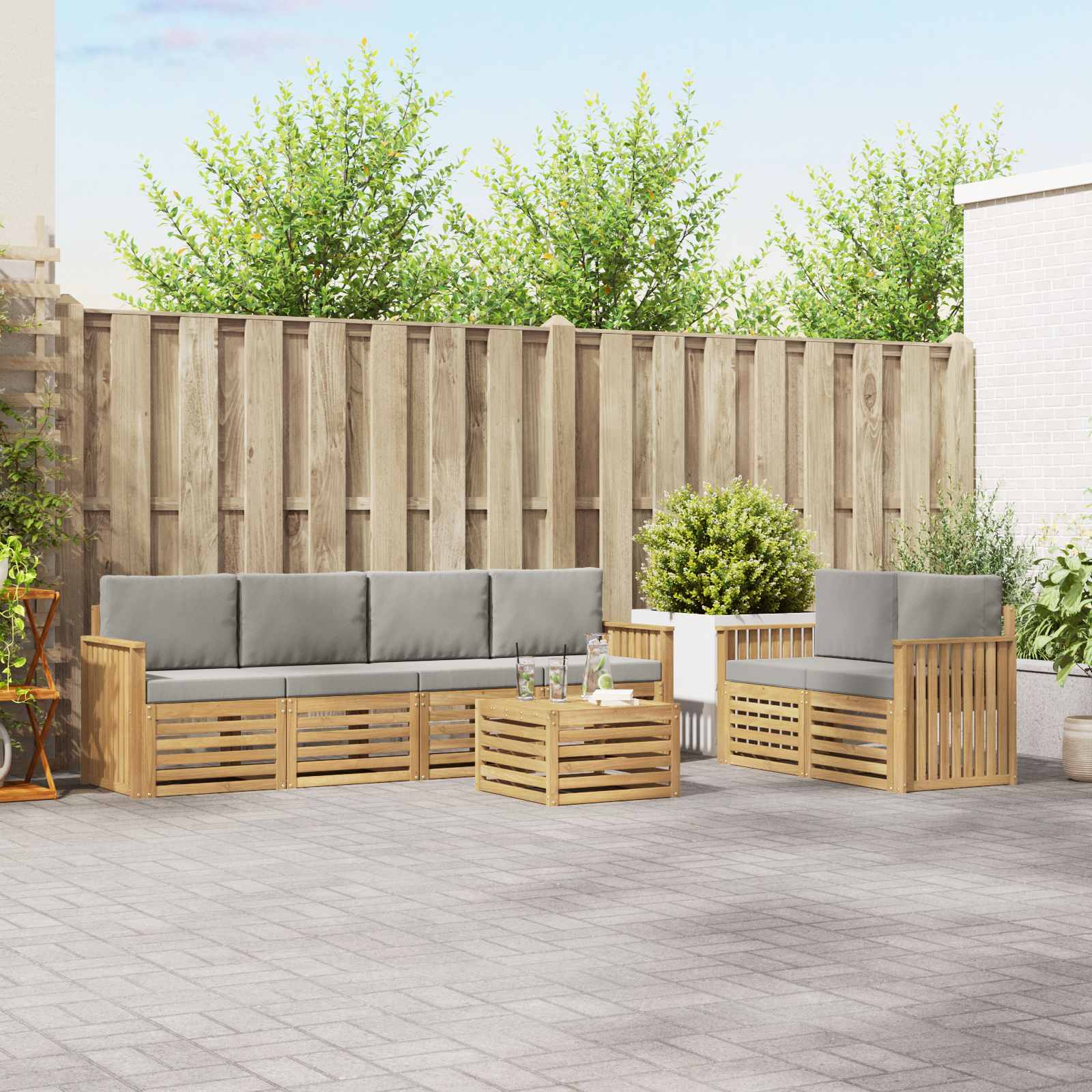 Buiten bankenset met kussen 7 pcs Wit en Lichtgrijs Polyester