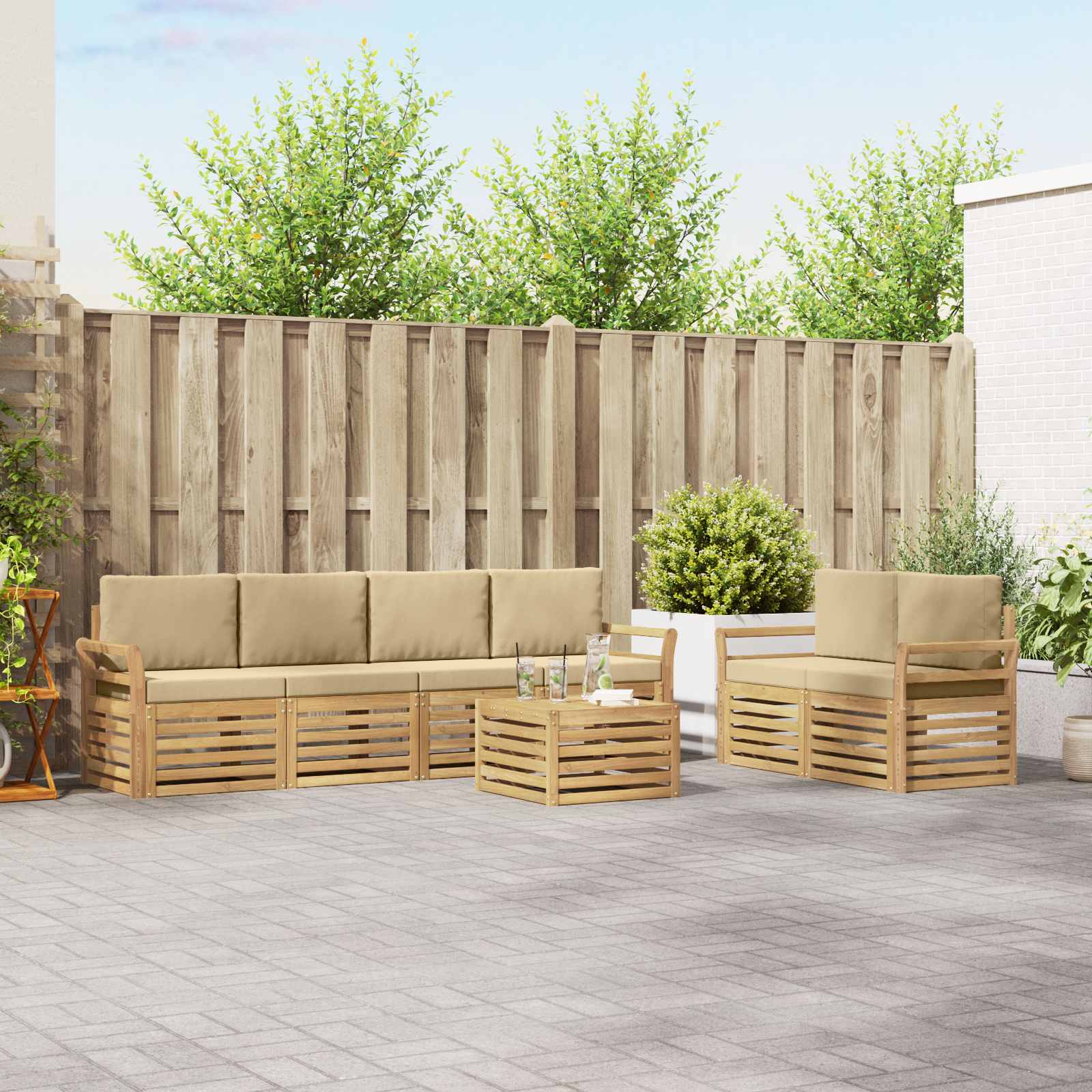 Buiten bankenset met kussen 7 pcs Wit en Beige Polyester – afbeelding 1