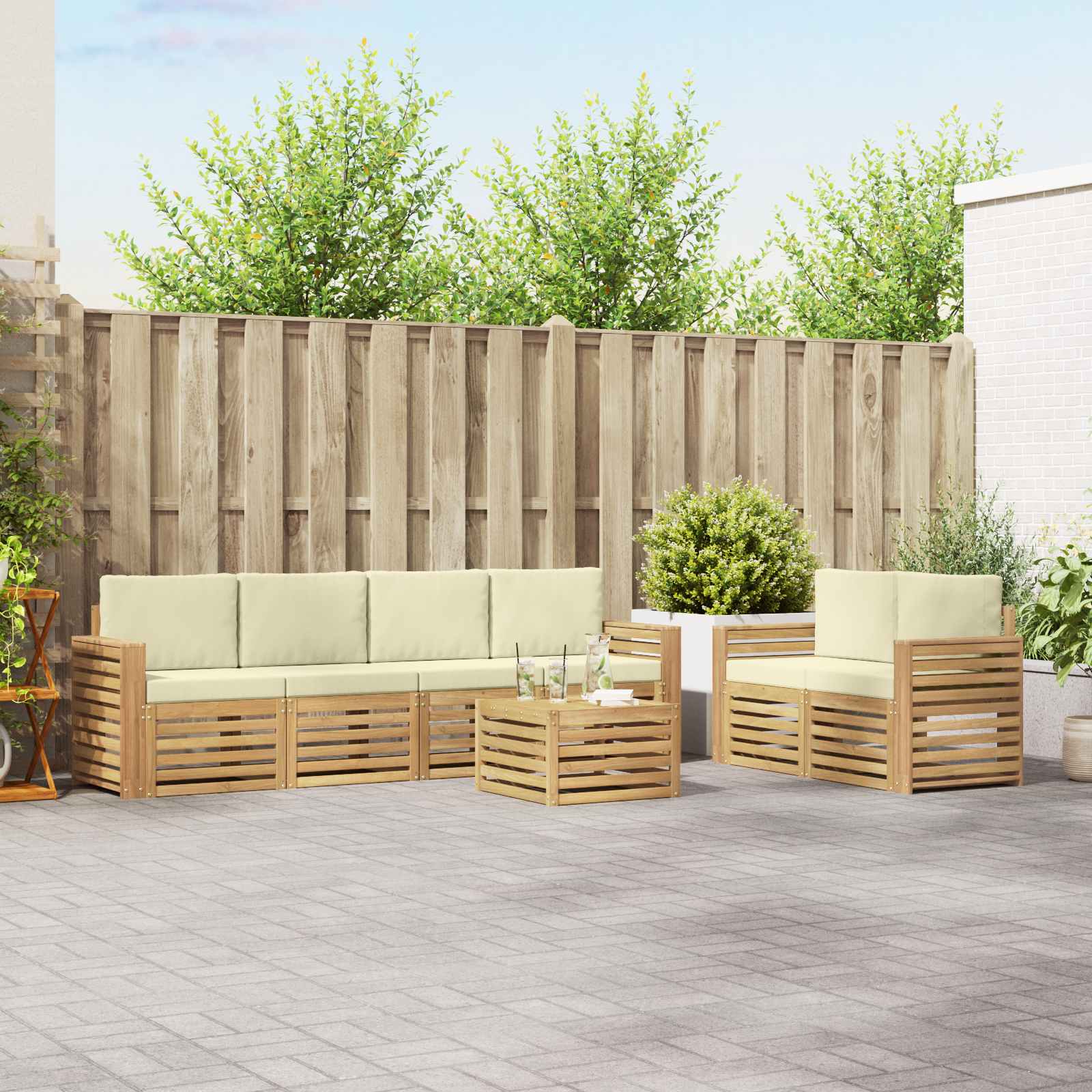 Buiten bankenset met kussen 7 pcs Wit en crèmekleurig Polyester – afbeelding 1