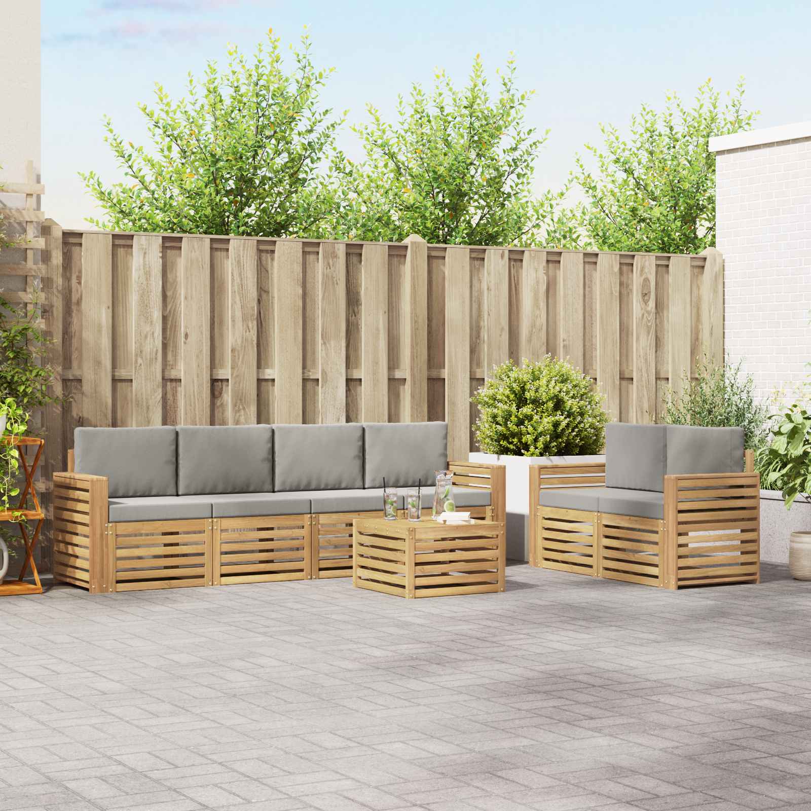 Buiten bankenset met kussen 7 pcs Wit en Lichtgrijs Polyester