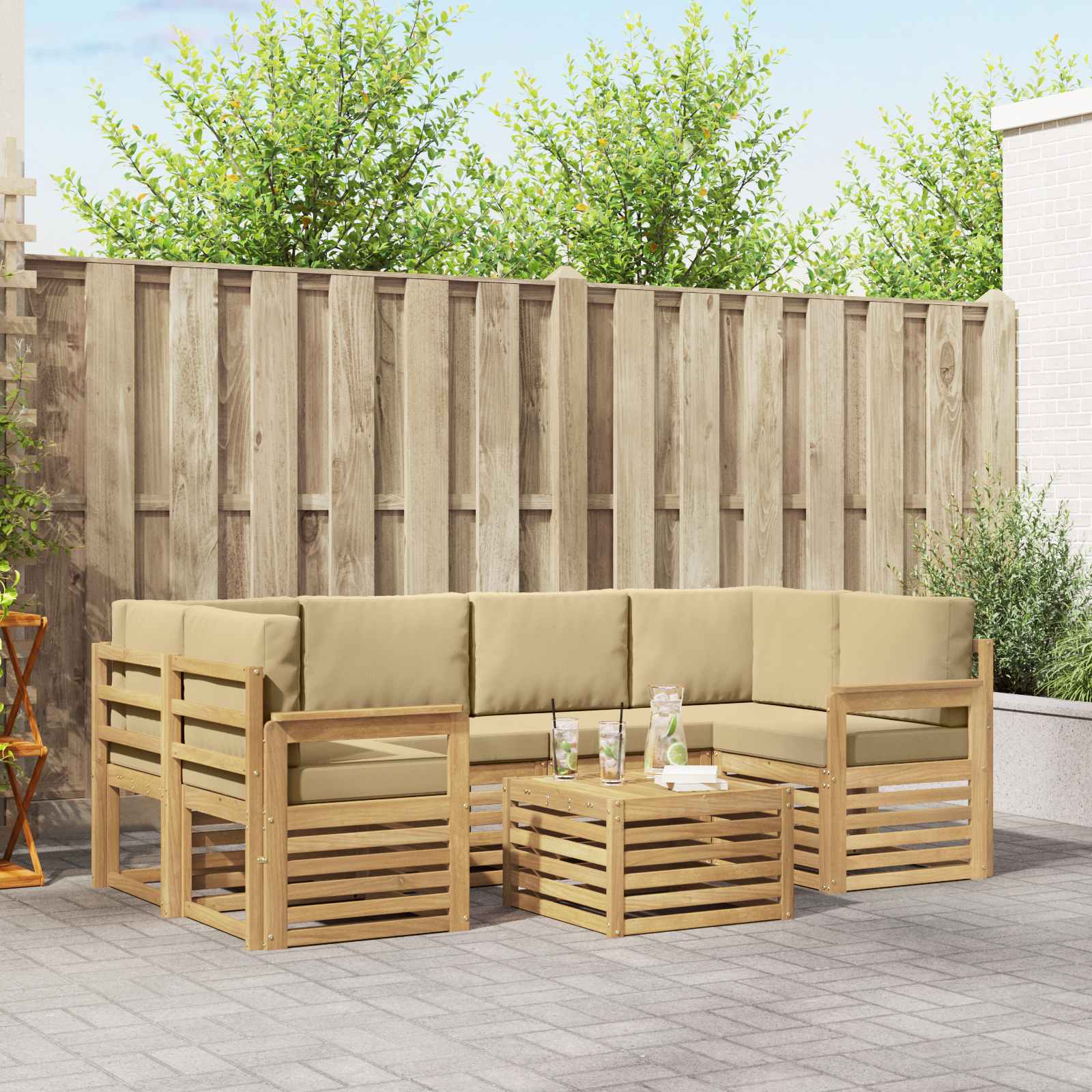 Buiten bankenset met kussen 7 pcs Wit en Beige Polyester – afbeelding 1