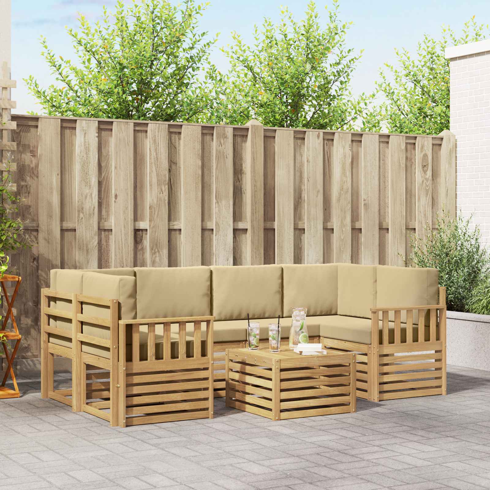 Buiten bankenset met kussen 7 pcs Wit en Beige Polyester