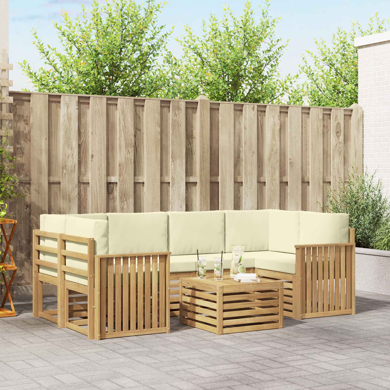 Buiten bankenset met kussen 7 pcs Wit en crèmekleurig Polyester – afbeelding 1