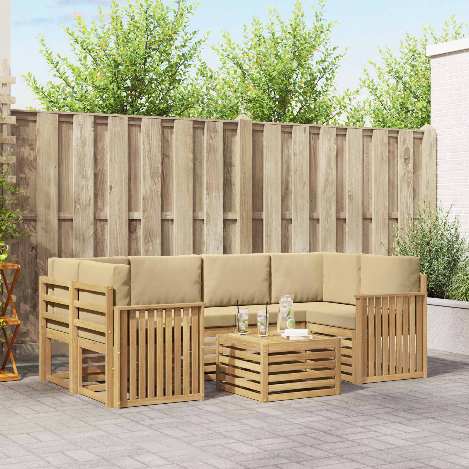 Buiten bankenset met kussen 7 pcs Wit en Beige Polyester