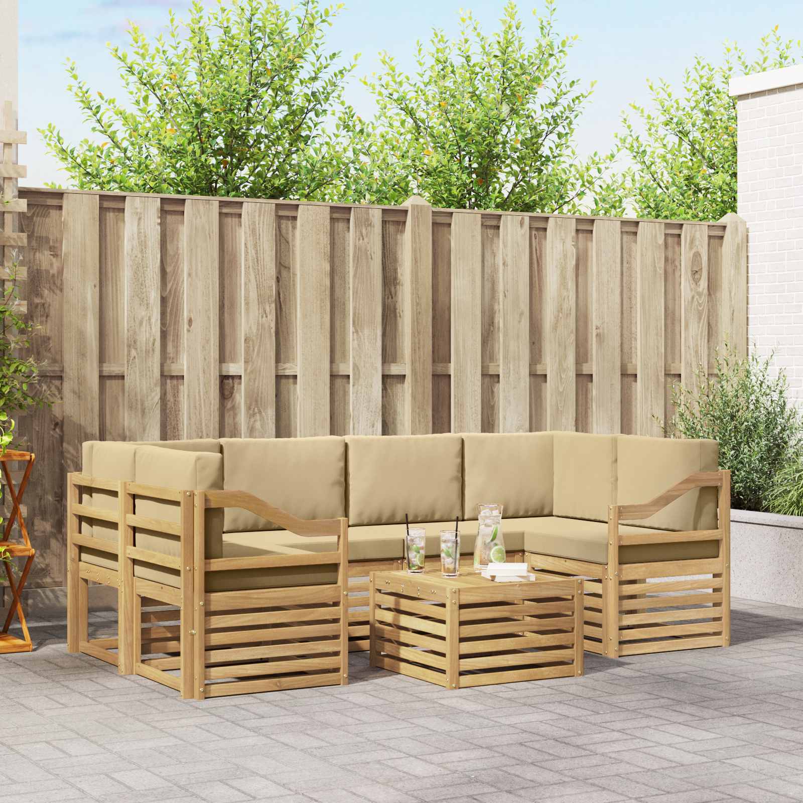 Buiten bankenset met kussen 7 pcs Wit en Beige Polyester – afbeelding 1
