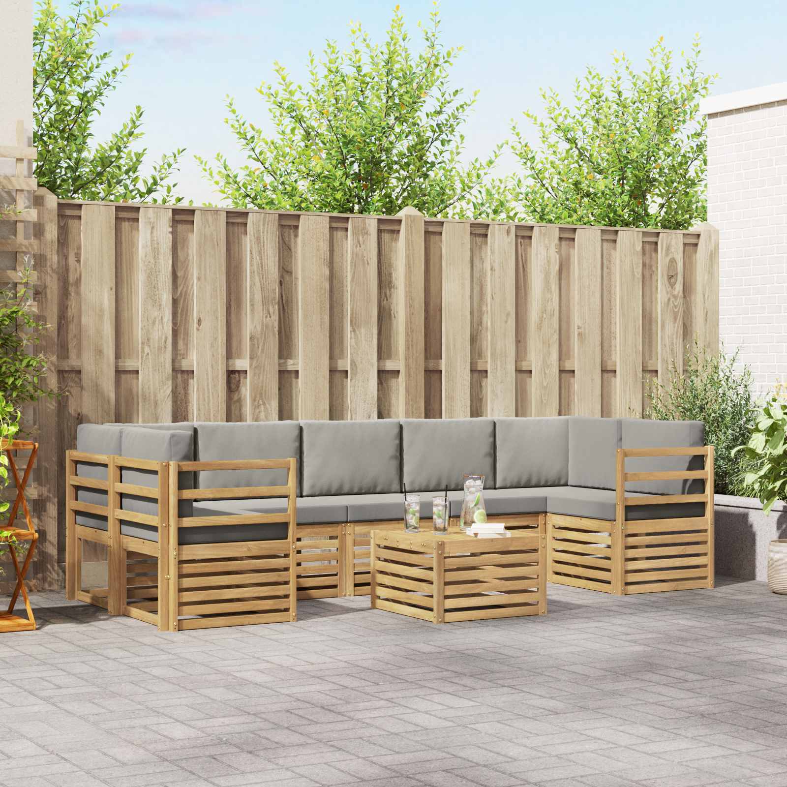 Buiten bankenset met kussen 8 pcs Wit en Lichtgrijs Polyester