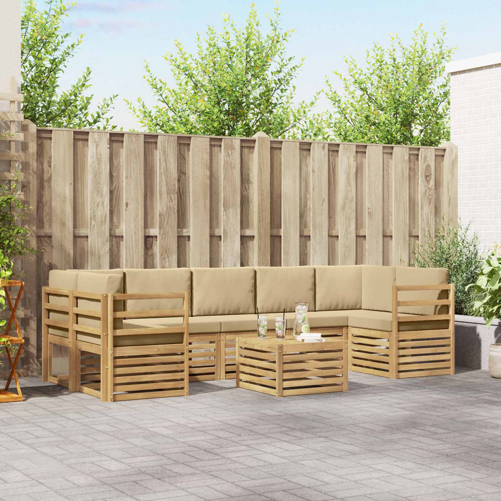 Buiten bankenset met kussen 8 pcs Wit en Beige Polyester