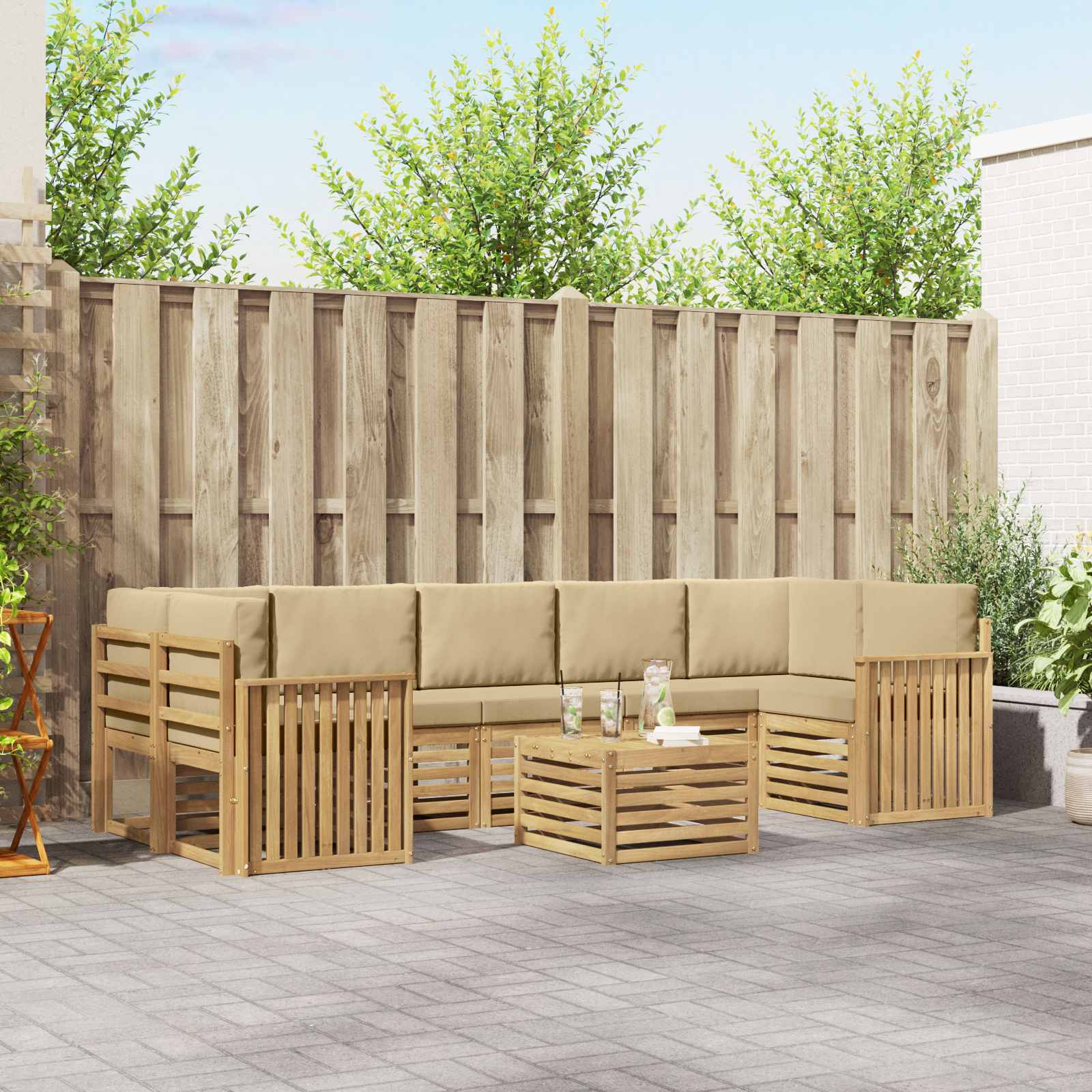 Buiten bankenset met kussen 8 pcs Wit en Beige Polyester