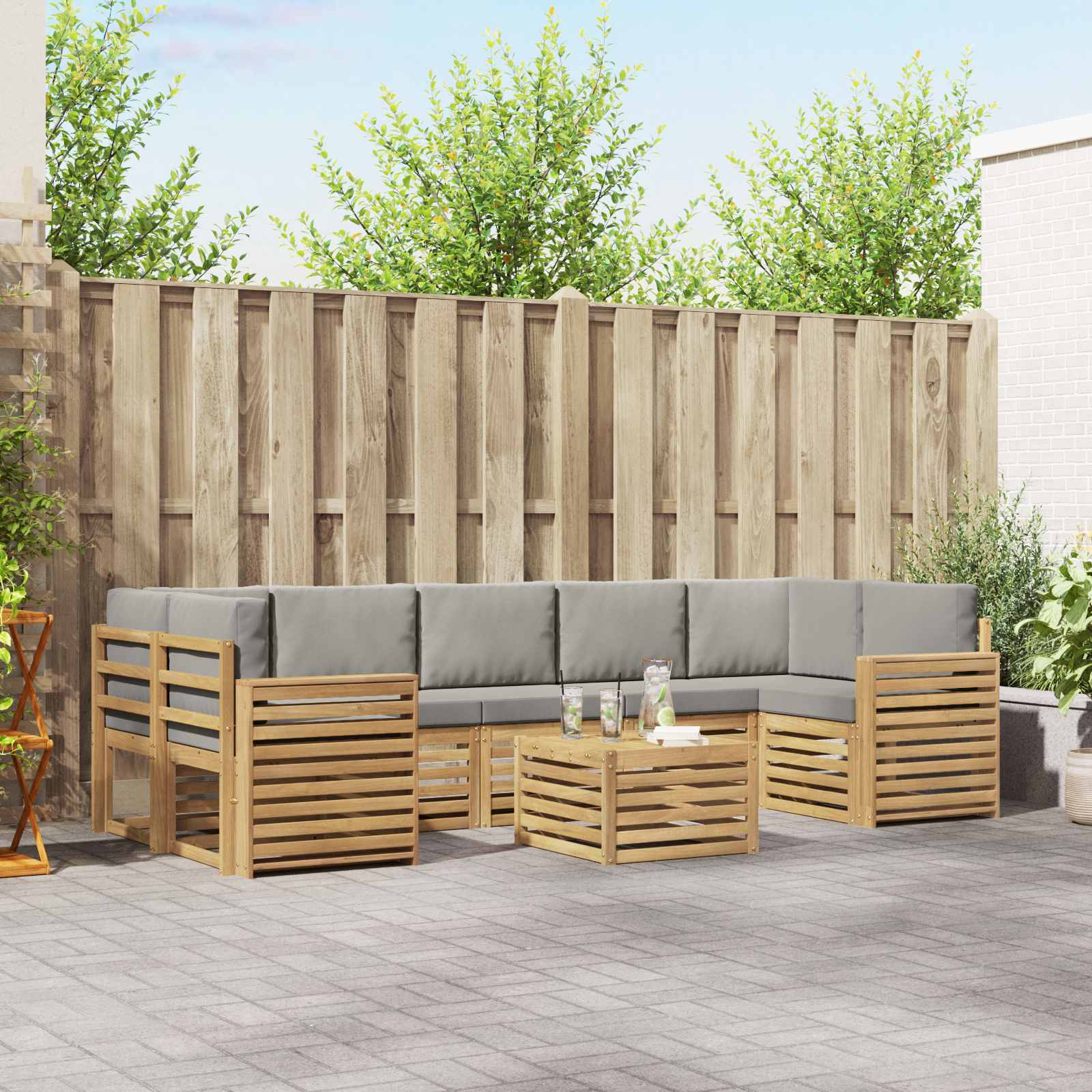 Buiten bankenset met kussen 8 pcs Wit en Lichtgrijs Polyester