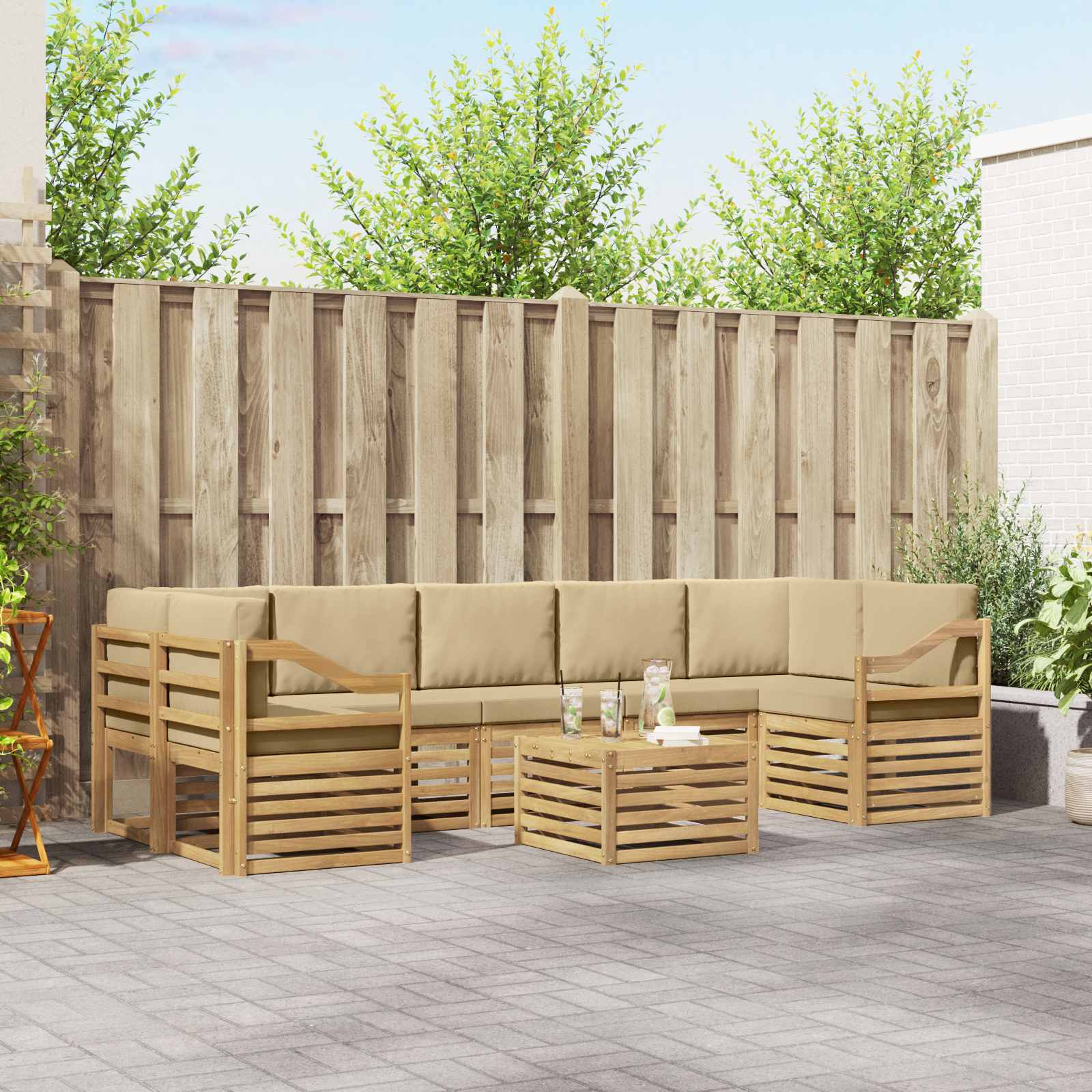 Buiten bankenset met kussen 8 pcs Wit en Beige Polyester – afbeelding 1
