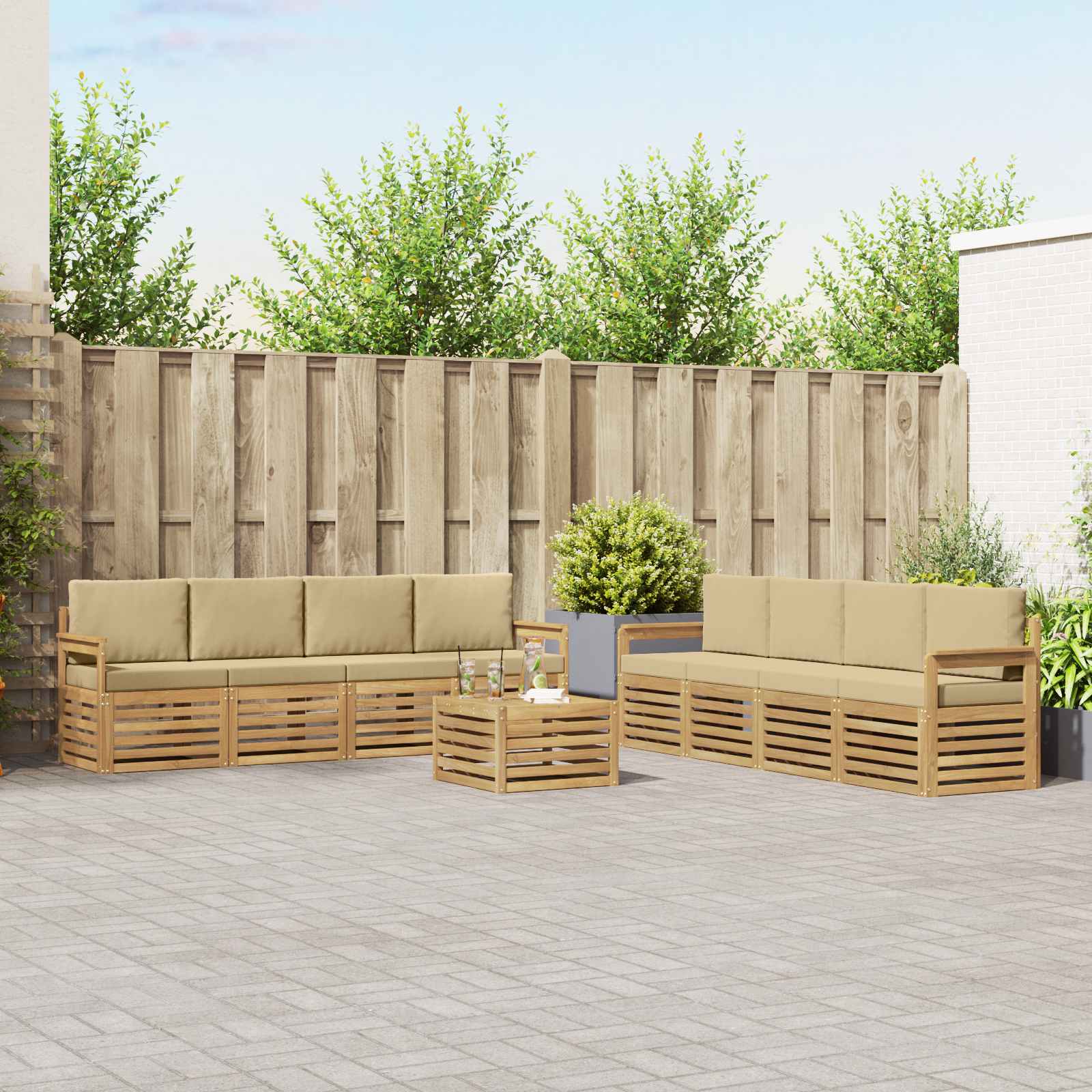Buiten bankenset 9 pcs Wit en Beige 59 x 59 x 37 cm Polyester