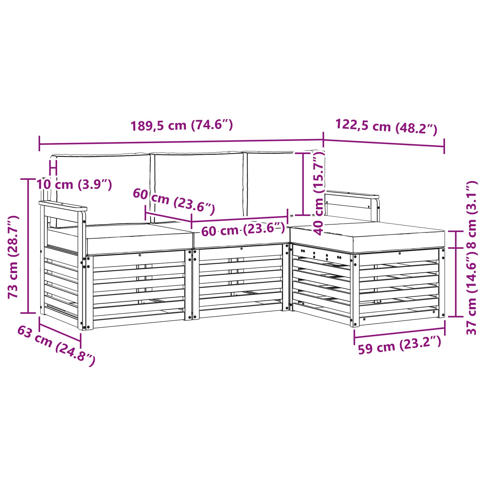 Buiten bankenset 4 pcs Wit en Lichtgrijs 189,5 x 122,5 x 73 cm – afbeelding 6
